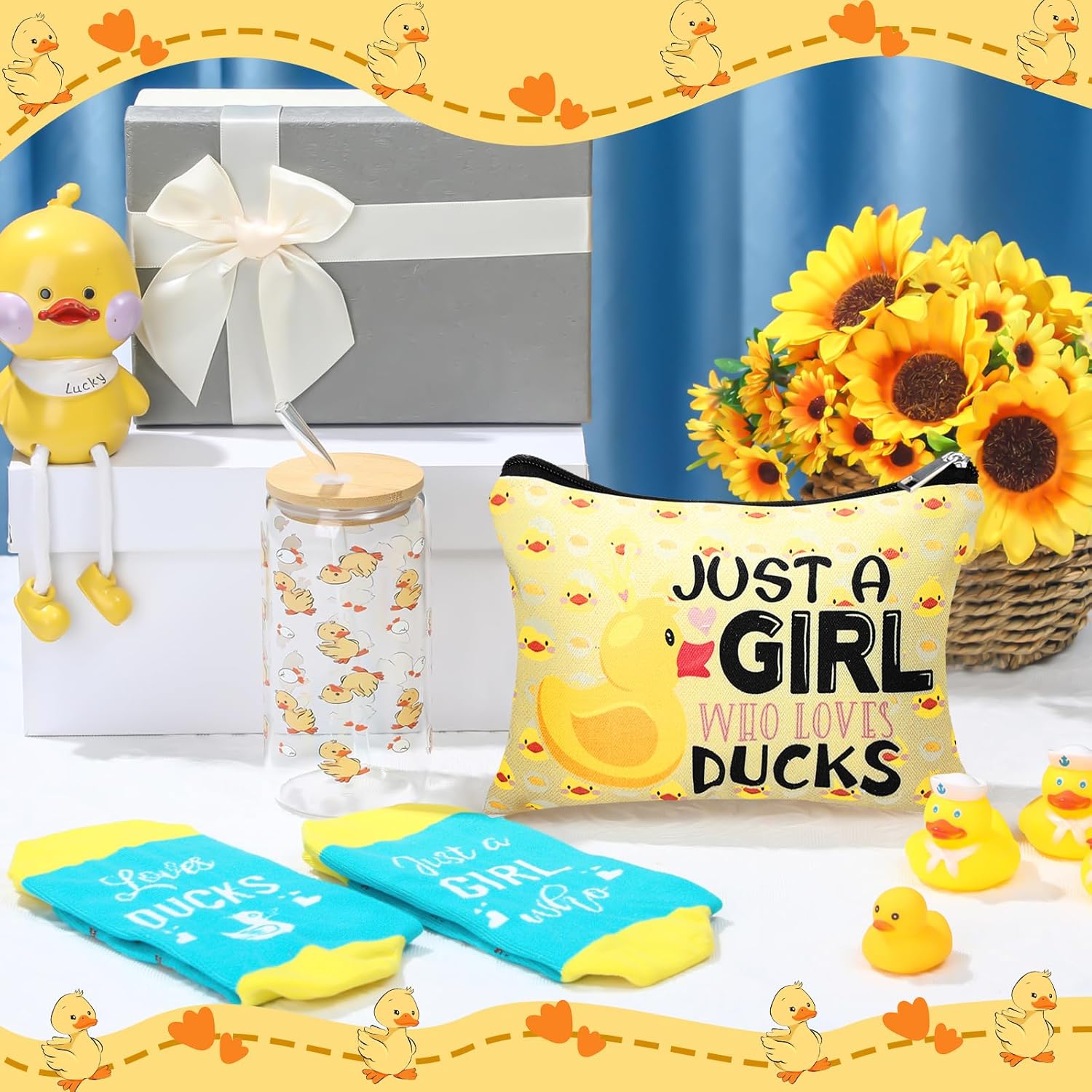 Skylety Duck Gifts Set Includes 16oz Glass Cup with Lid and Straw Sock Just a Girl Who Loves Ducks Makeup Bag Cute Stuff Gift Baskets Accessories for Women Lovers Stuff - Image 6