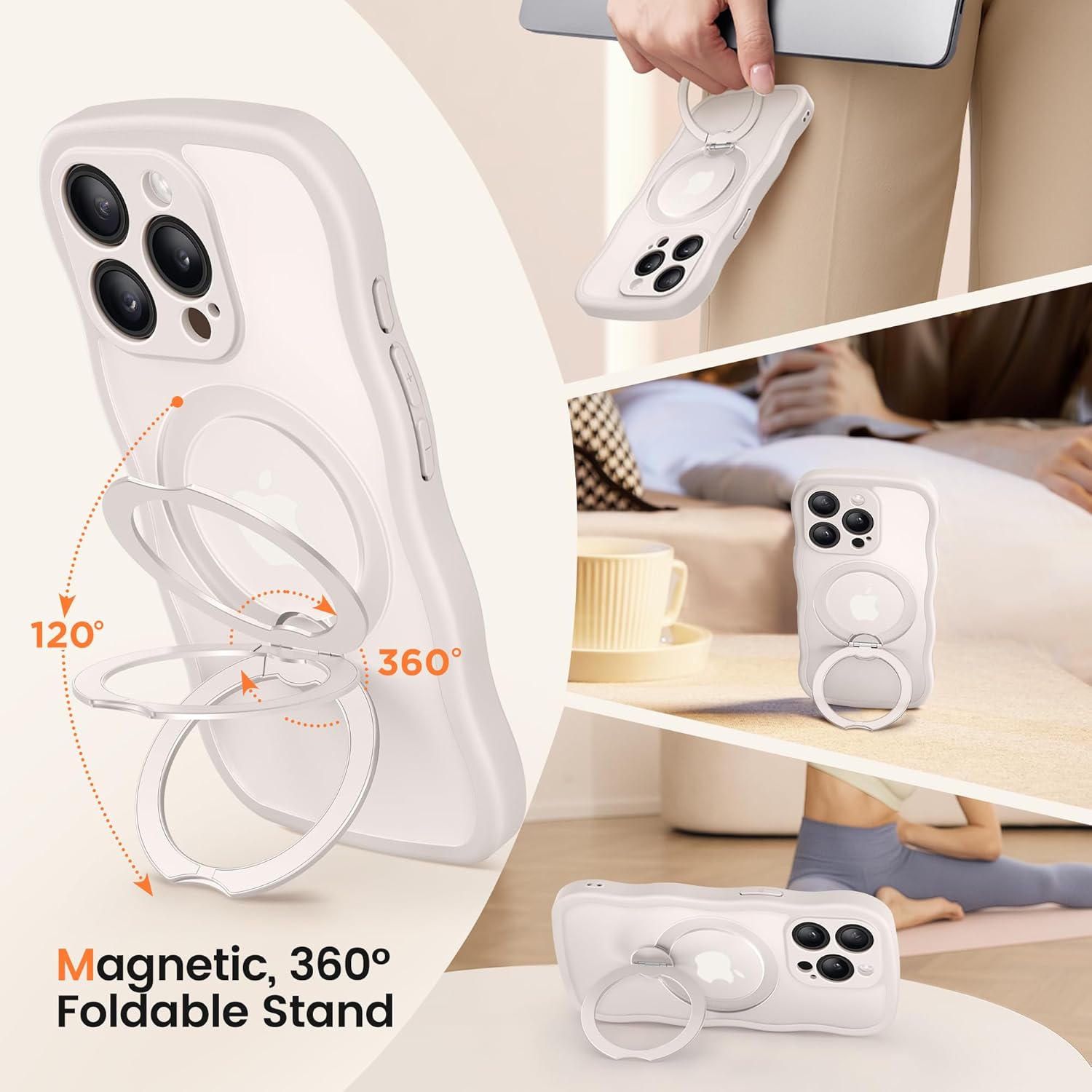 CAPRARO for iPhone 15 Pro Max Case with 360° Spin Magnetic Stand for Women, [Compatible with MagSafe] [Full Camera Protection] Cute Wave Translucent Matte Case for iPhone 15 Pro Max, Stone - Image 5