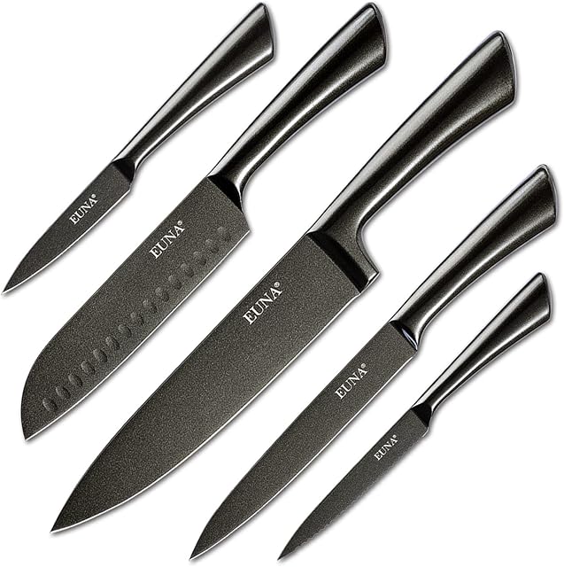 EUNA 5 PCS Kitchen Knife Sets Professional Sharp Chef's Knives Set with Cover&Gift Box Durable Cooking Boxed Set for Carbon Steel Kitchen Knives with Integrated Handle&Non-Stick Coating for Slicing