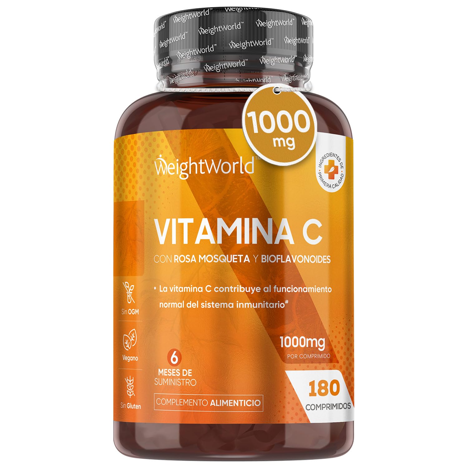 Vitamina C 1000 mg 180 Comprimidos con Bioflavonoides y Rosa Mosqueta | Complemento Vitamínico para Sistema Inmune y Cansancio | Altamente Concentrado de Ácido Ascórbico para 6 Meses - Vegano