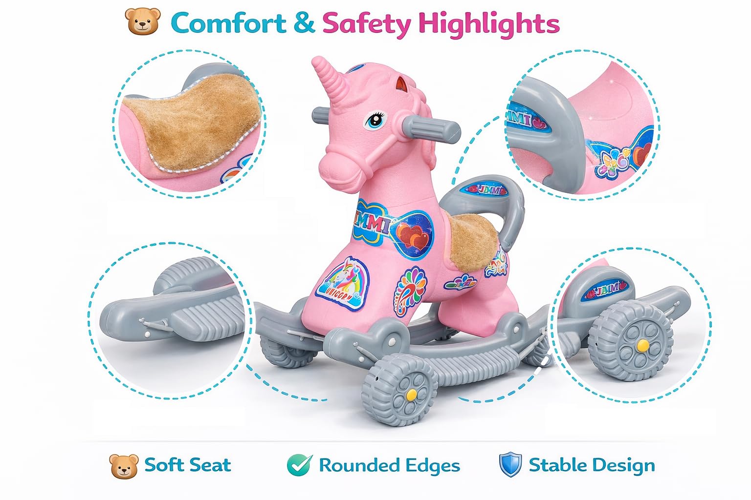 Maanit 2 in 1 Unicorn Rider for Kids 1-5 Years Old Interactive Birthday Gift for Kids Rideons & Wagons Non Battery Operated Ride On (Pink) 1