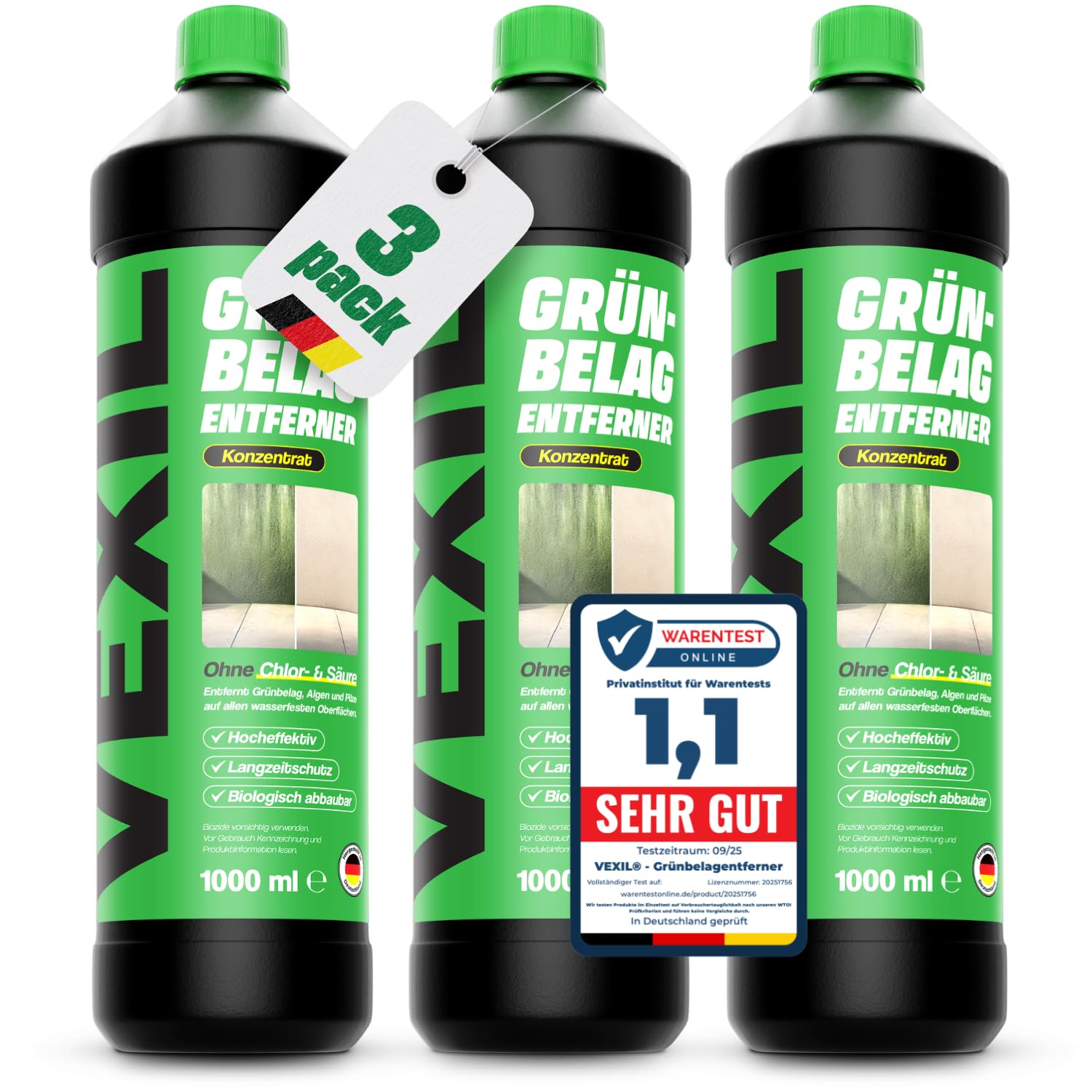 VEXIL® Grünbelagentferner Konzentrat – entfernt Algen, Moos, Pilze & Flechten – für Stein, Holz, Wände, Markissen und mehr – 1L für bis zu 100 m² – frei von Chlor & Säuren – Made in Germany