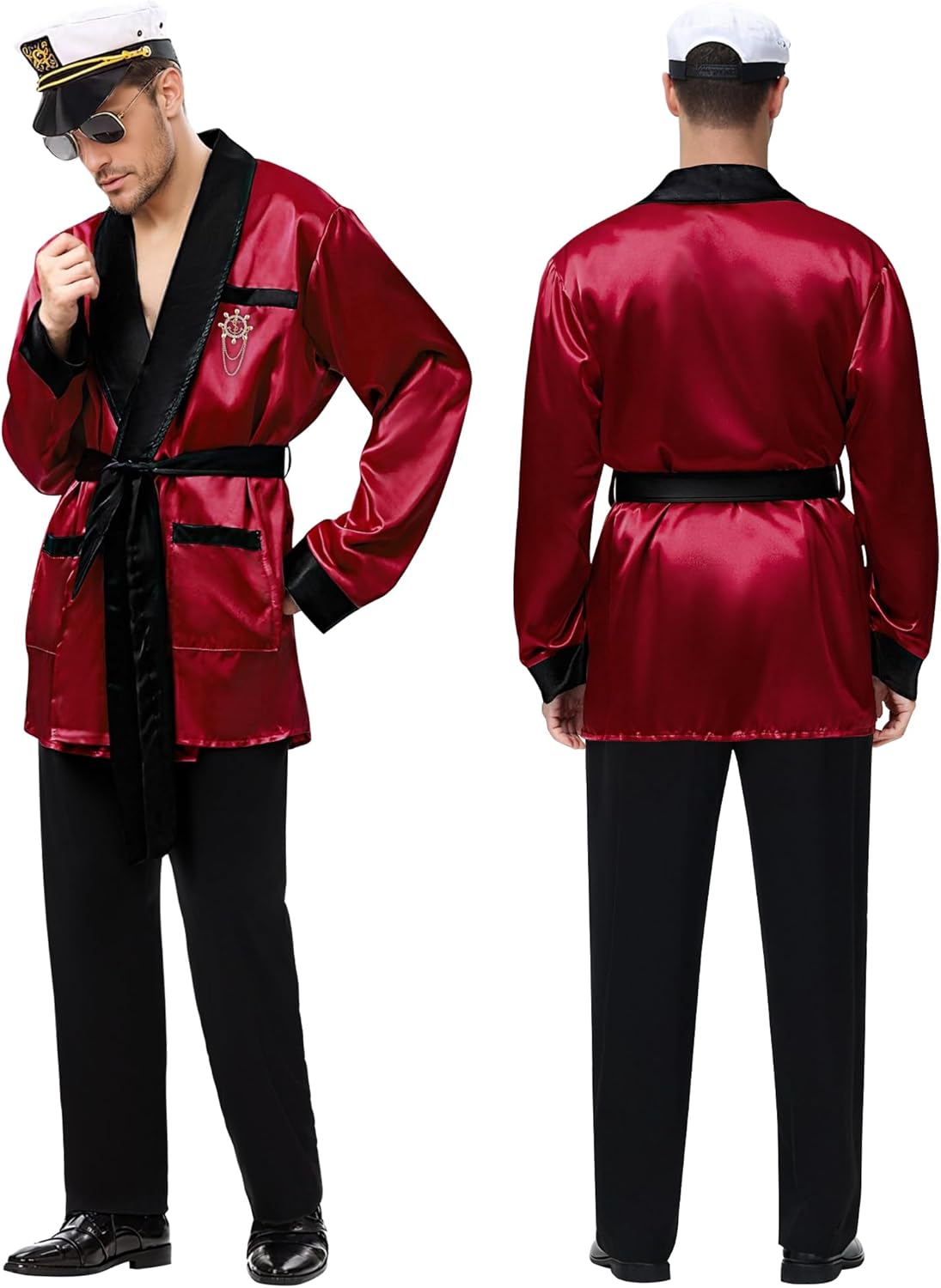 Halloween Hugh Hefner Costume Red Silky Robe Jacket & Pajama Pants Captain Costume Set with Hat Sunglasses Pipe Pin - Image 2