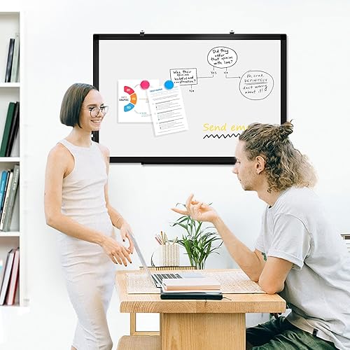 Miniatura 8 de Pizarra blanca magnética de doble cara, pizarra de borrado en seco de 36 x 24 pulgadas, marco de aluminio negro para pared, pizarra blanca de