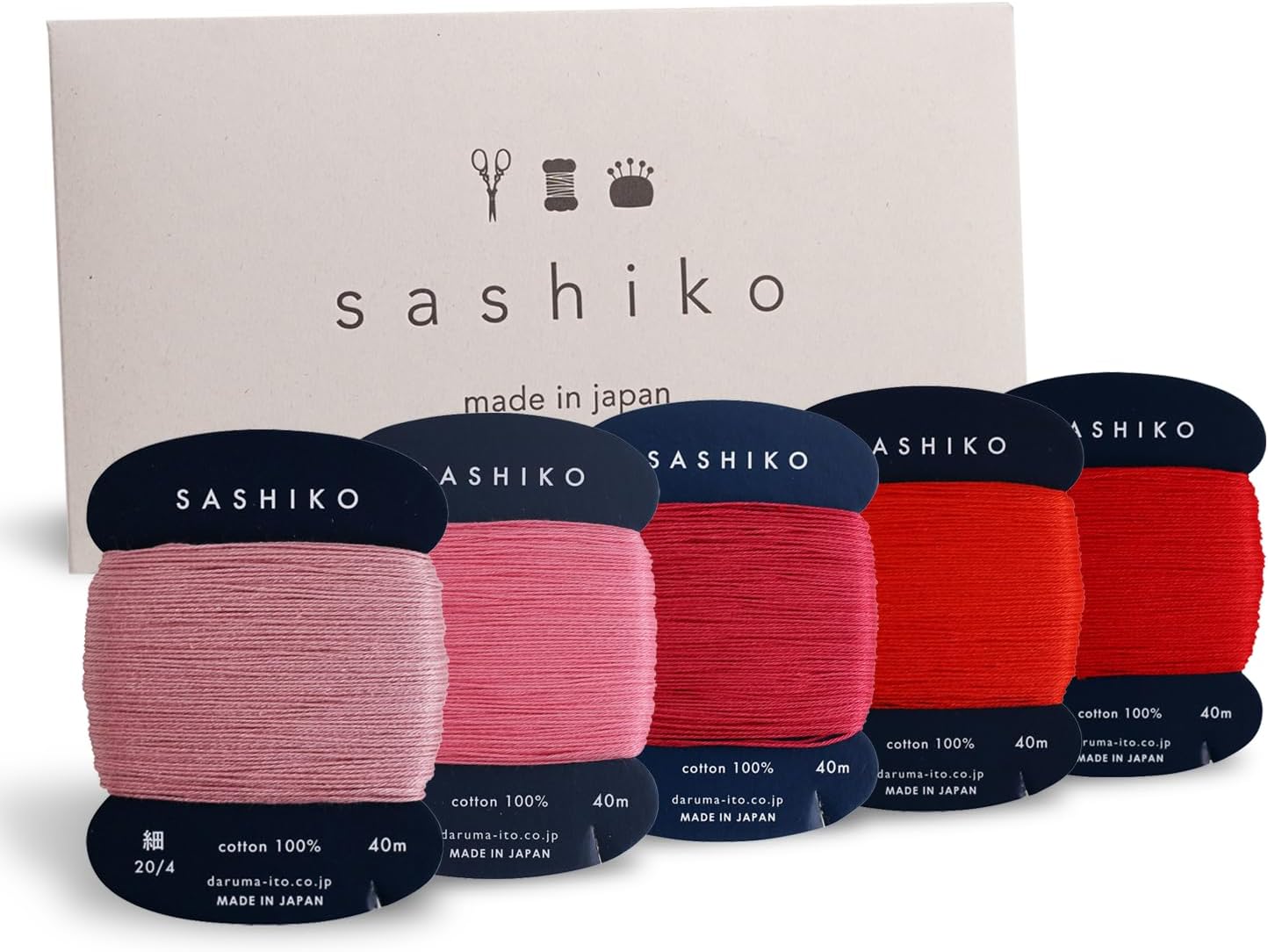 DARUMA Sashiko Thread 100% Cotton Card Type (43.7 yd) x 5 Colors with English Manual, Sewing & Embroidery Value Set with Gift Package(Thin, Hanafubuki)
