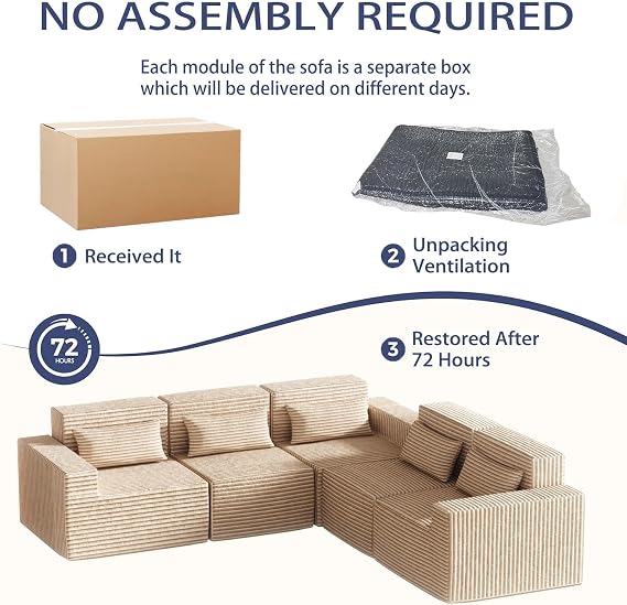 258cm Modular Sofa Boneless Cloud Couch Sectional Couch L Shape Memory Foam Corduroy Sofa Bed Wide Armrest Deep Seat Pillow Bottom Anti-Slip Living Room Bedroom No Assembly Required, Beige, 5 Seater
