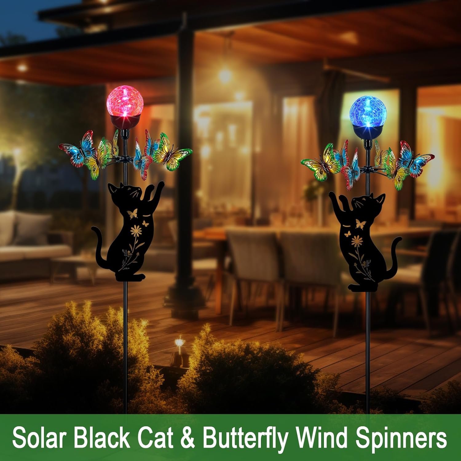 Solar Lights Yard Stakes-Butterfly Wind Spinners,Metal Black Cat Garden Decor with Color Changing LED for Patio,Pathway,Lawn,Walkway,Outdoor Decorative