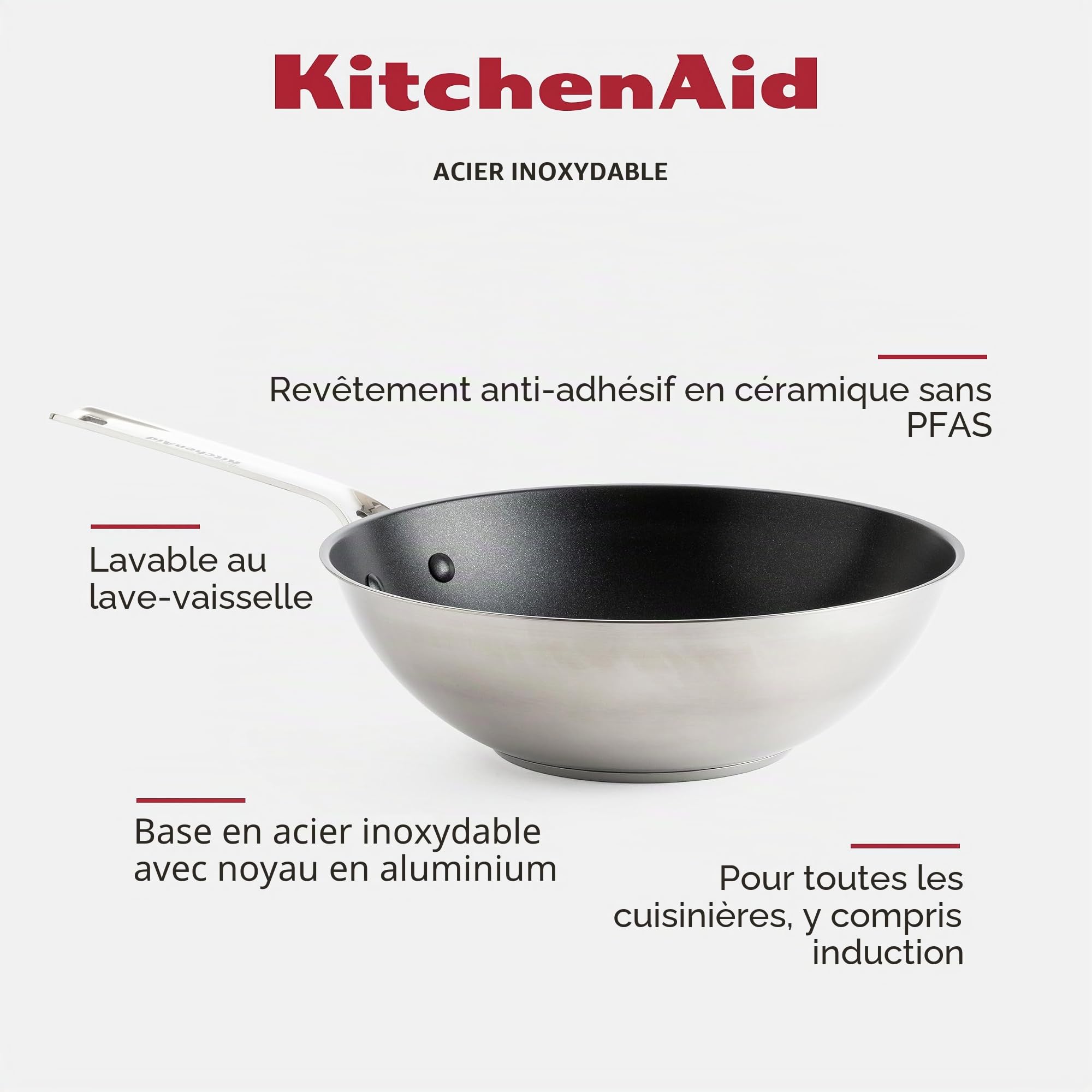 KitchenAid Stainless Steel Wok en acier inoxydable antiadhésif en céramique sans PFAS de 28 cm/3,6 litres, pour induction, four et lave-vaisselle, argenté