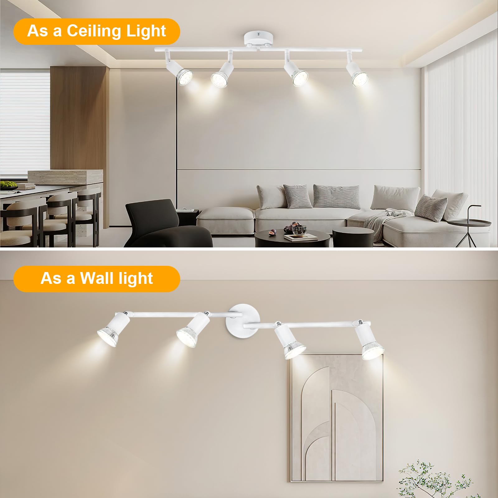Dougelec Lampa sufitowa 4 reflektory LED obrotowe GU10, oświetlenie sufitowe, lampa sufitowa, lampa punktowa, nowoczesne wnętrze, do kuchni, salonu, sypialni 230 V, biały bez żarówki