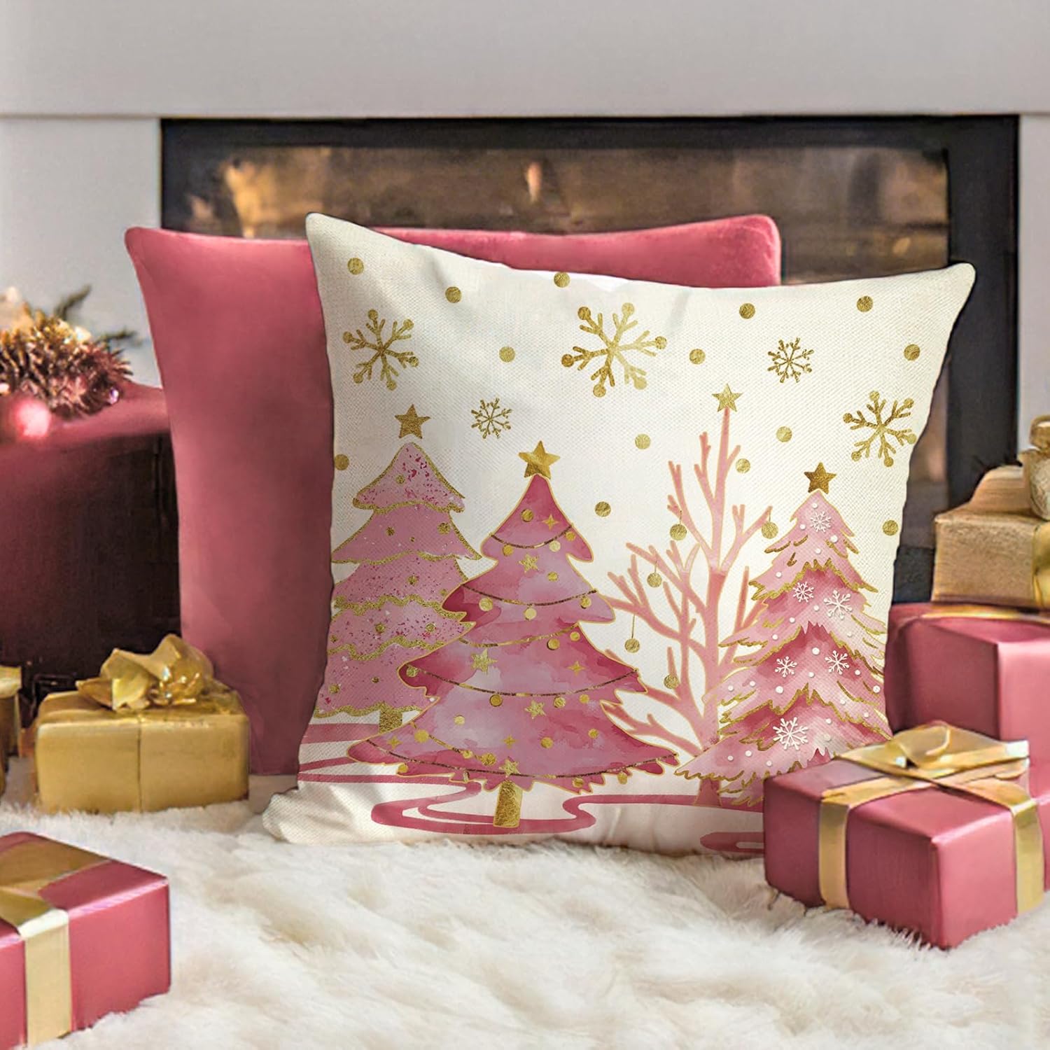 Fahrendom Pink Christmas Tree Decorative Throw Pillow Covers 18 x 18 Set of 2, Xmas Snowflake Porch Patio Outdoor Pillowcase, Winter Holiday Gold Polka Dots Sofa Couch Cushion Case Home Decor - Image 5
