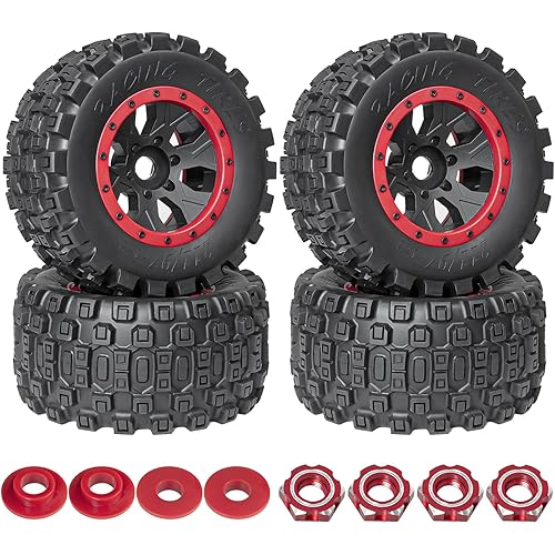 1/5 RC Tires and Wheels for Traxxas 1/5 X-MAXX 8S Arrma 1/5 Kraton 8S 1/5 Outcast 8S, RC Monster Truck Tires 24mm Hex Wheels (4PCS, Red)