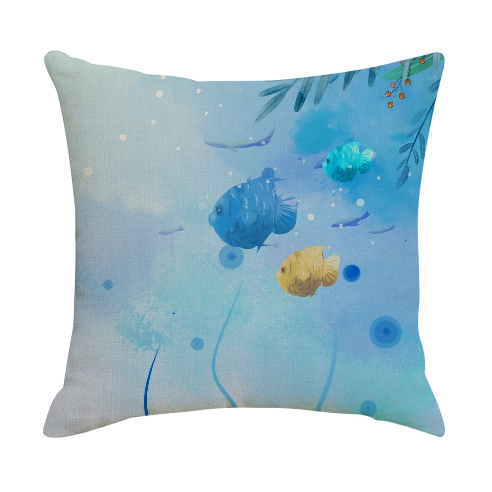 4 fundas de cojín de lino de 50 x 50 cm, diseño de peces azules, funda de almohada de lino para sala de estar, sofá, dormitorio