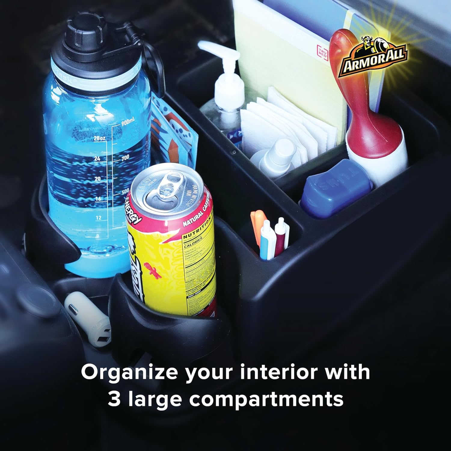 Armor All Car Console Organizer, Car Seat Organizer with 2 Adjustable Cup Holders, 3 Large Storage Compartments, Seatbelt for Secure Hold, Vehicle Middle Seat Organizer for Cars, Trucks, Minivans - Image 4