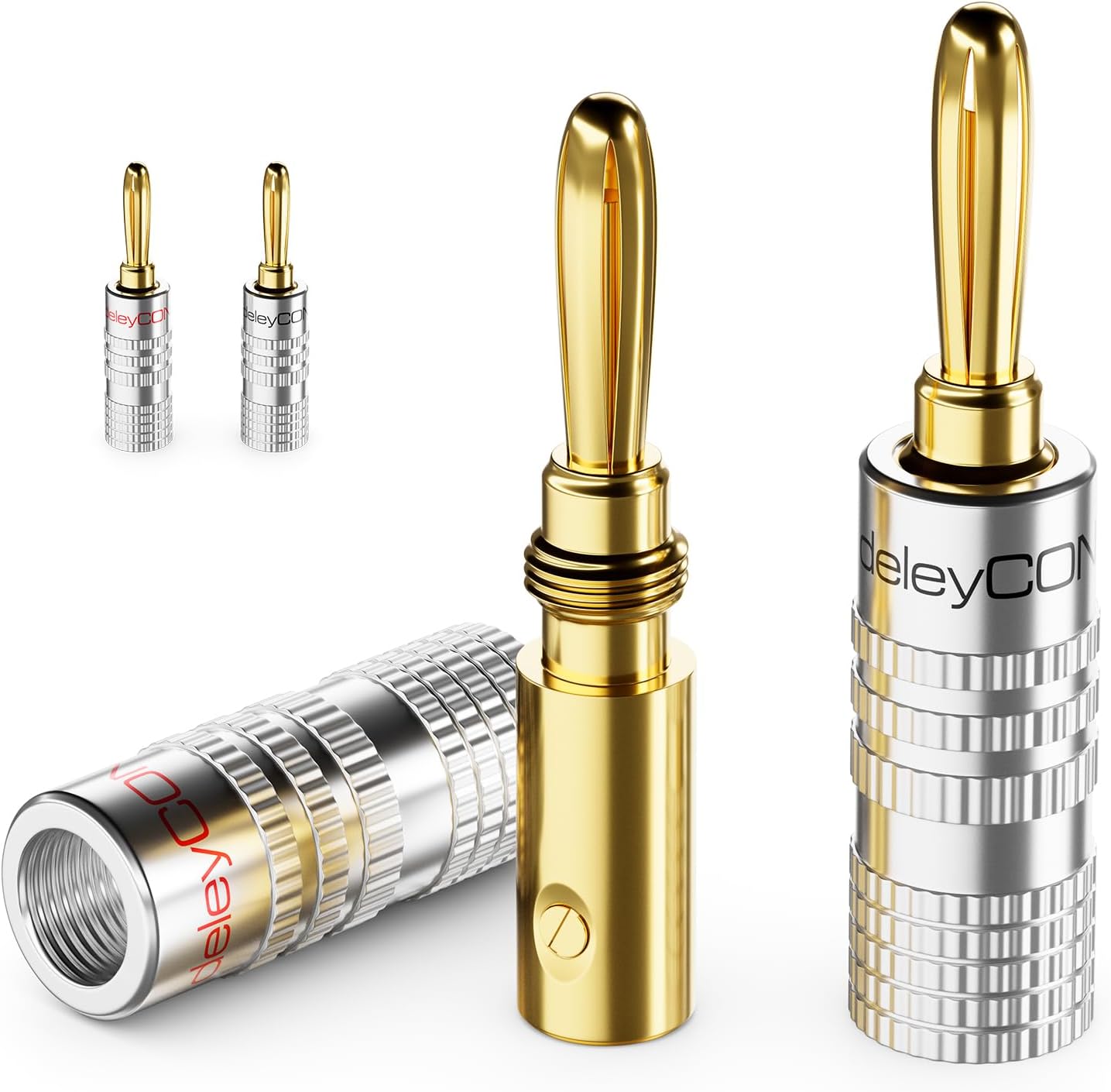 deleyCON Set of 4 Banana Plugs Gold-Plated Screwable for Speaker Cable 0.75 mm - 4.5 mm and e.g. HiFi Receiver - Silver