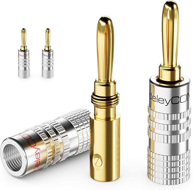 deleyCON 4 Sztuki Wtyki Bananowe w Zestawie - Pozłacane Przykręcane za Kabel Głośnikowy 0,75 mm - 4,5 mm & np. HiFi Odbiornik - Srebrny