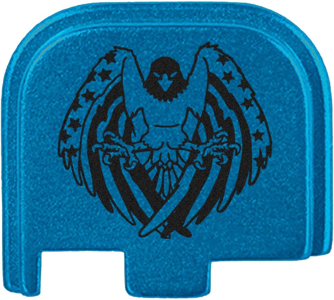 NDZ Performance Slide Cover Back Plate for Glock 43 43X 48 & PSA Dagger Micro – Aluminum Upgrade with Black Engraving – USA Flag Eagle – Blue