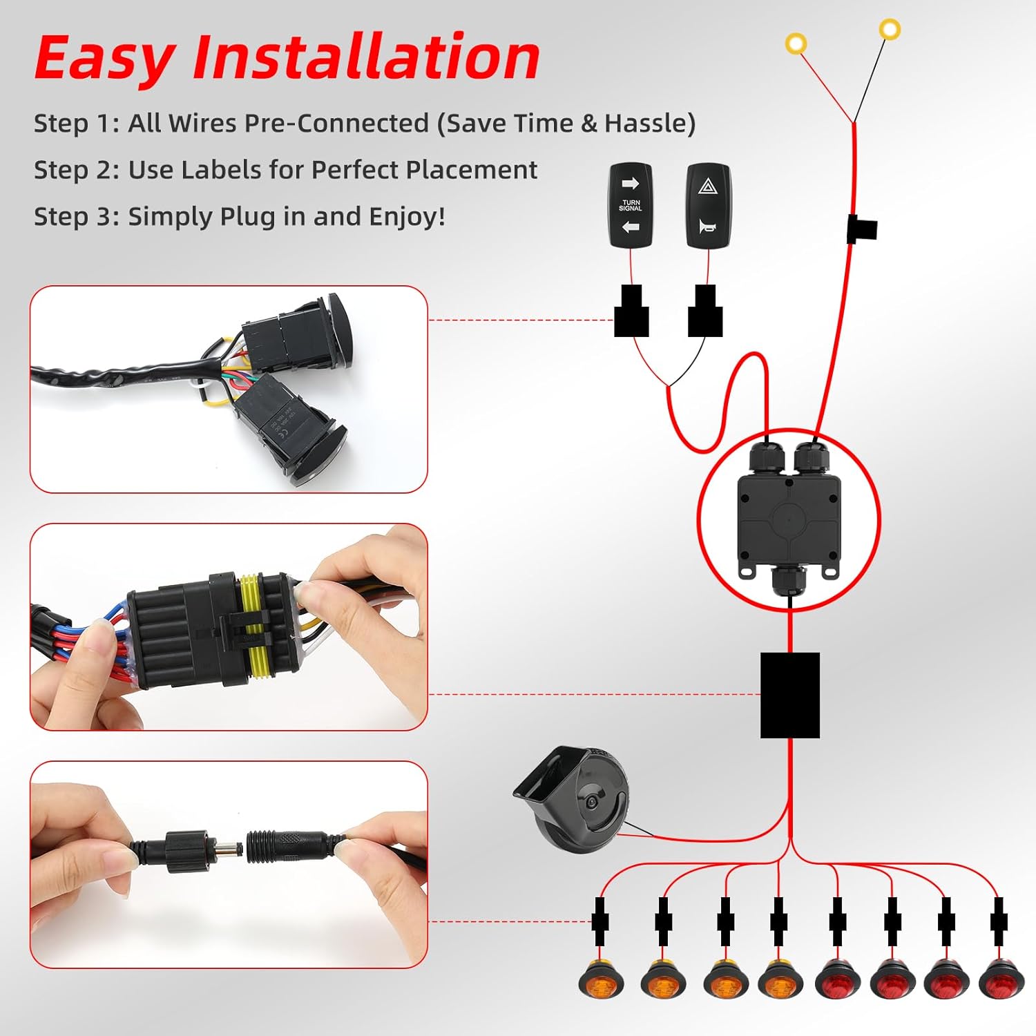 UTV Turn Signal Kit with 110DB Horn, Pre-Wired, Plug and Play ATV UTV Blinker with Rocker Switch, Universal Street Legal Kit Compatible with Polaris, Can Am, CFMOTO-4 Amber+4 Red Lights