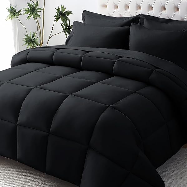 JOLLYVOGUE Queen Comforter Set, Ultra-Soft Bed in a Bag Queen Size 7 Pieces, Oeko-TEX Certified Bedding Set with Down Alternative Comforter, Sheets, Pillowcases & Shams, Black