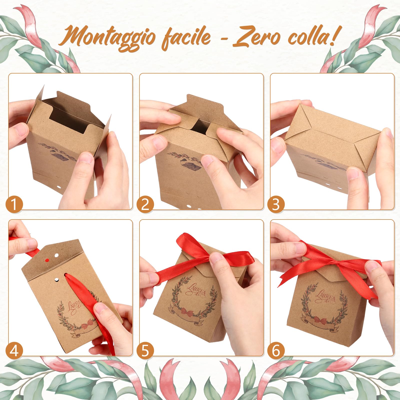LEMESO Bomboniere Laurea 25pz, Scatoline Portaconfetti Laurea con Nastro Rosso, Motivi Originali da Scrivere Nome e Data, Scatoline Regalo 10x8x4cm