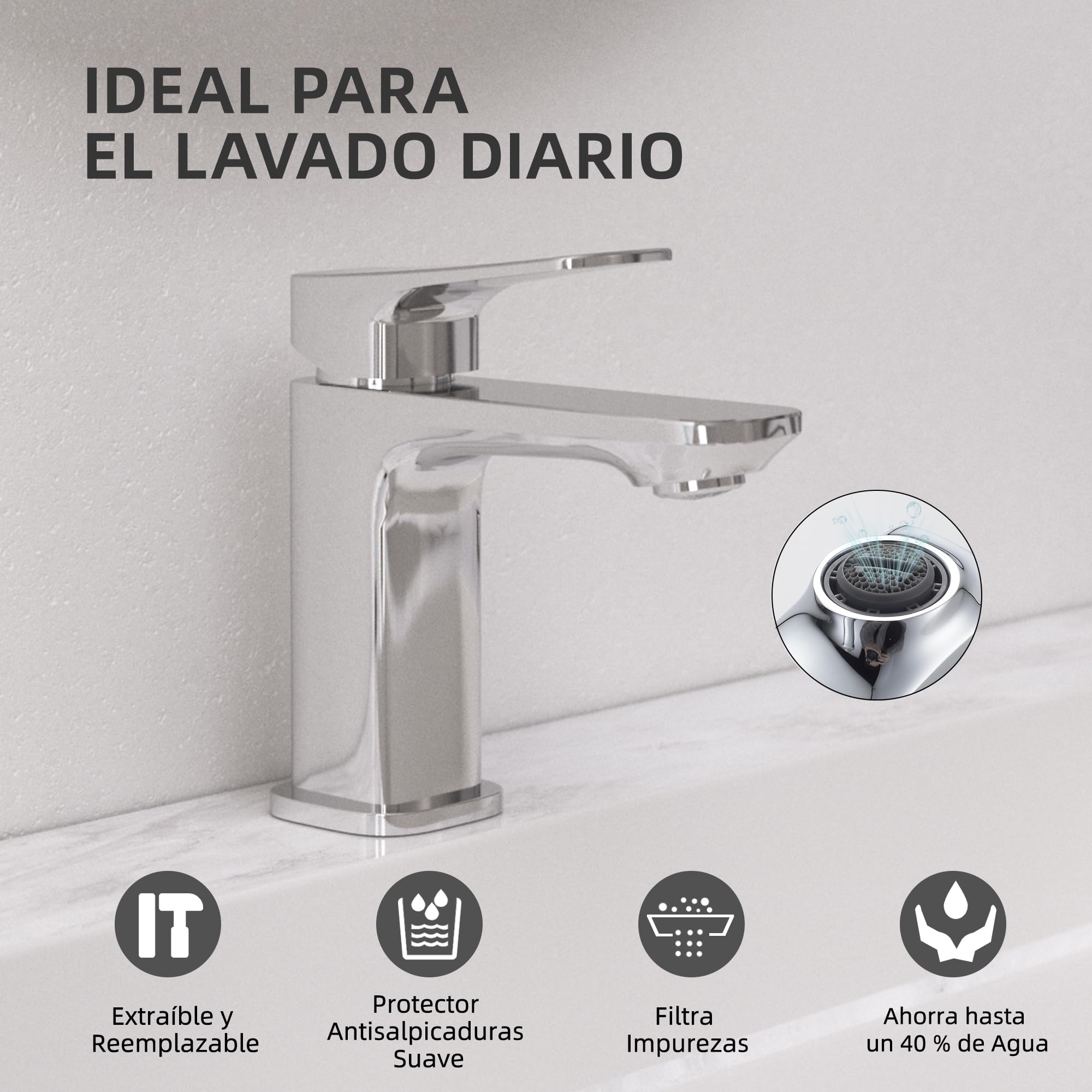 BELZ Grifo monomando de lavabo para baño, cartucho cerámico, instalación fácil, ahorro de agua y energía, diseño moderno