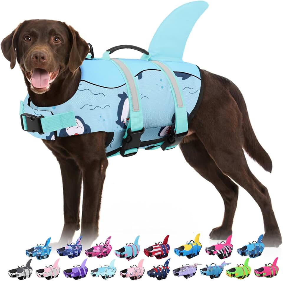 Bess Bridal Dog Life Jacket - Shark Safety Vest for Swimming &amp; Boating | Shark Life Jacket with High Buoyancy, Dog Lifesaver Swimsuit with Rescue Handle for Small Medium Large Dogs, Green Dolphin M