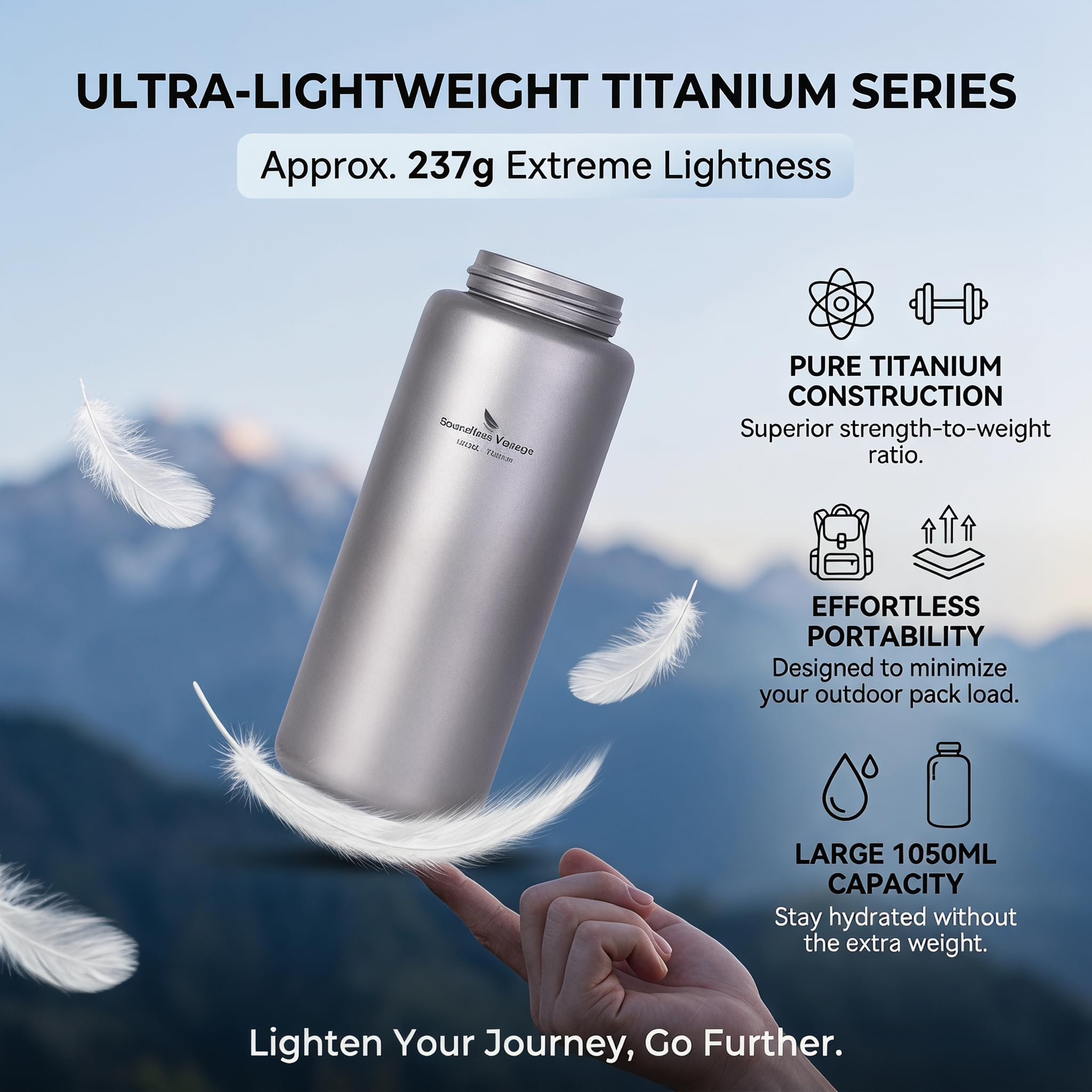 iBasingo Reine Titan Wasserflasche 1050ml (35.5 fl.oz), Ultraleicht Weithals Auslaufsicher Trinkflasche, Geeignet für Camping, Wandern, Bergsteigen, Laufen, Outdoor-Kochen Ti3005D