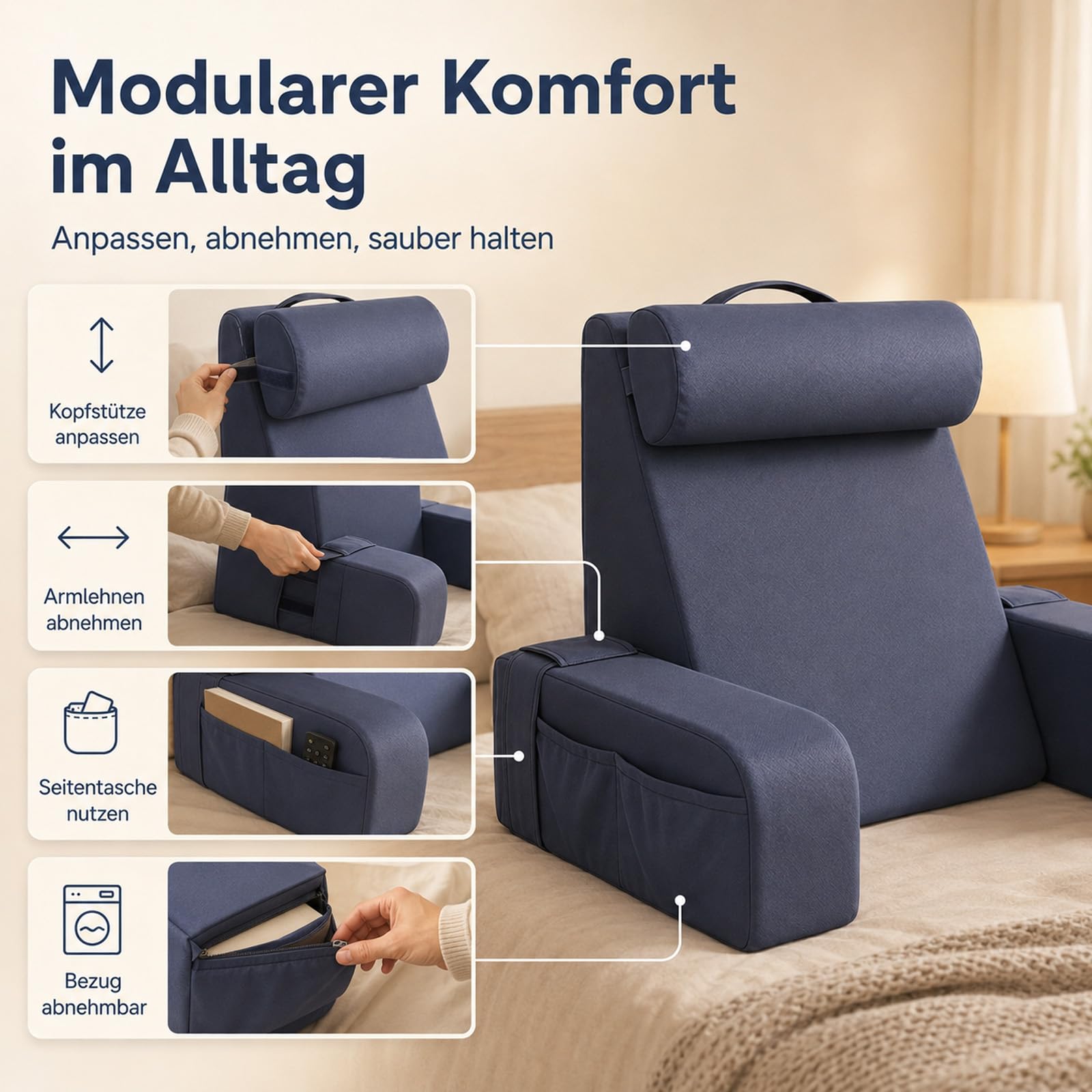 Lesekissen für Bett und Sofa, Ergonomisches Rückenkissen mit kühlendem Eisseide-Bezug, Memoryschaum, Verstellbarer Rückenstütze und abnehmbaren Armlehnen, großes Keilkissen zum Lesen 50cm