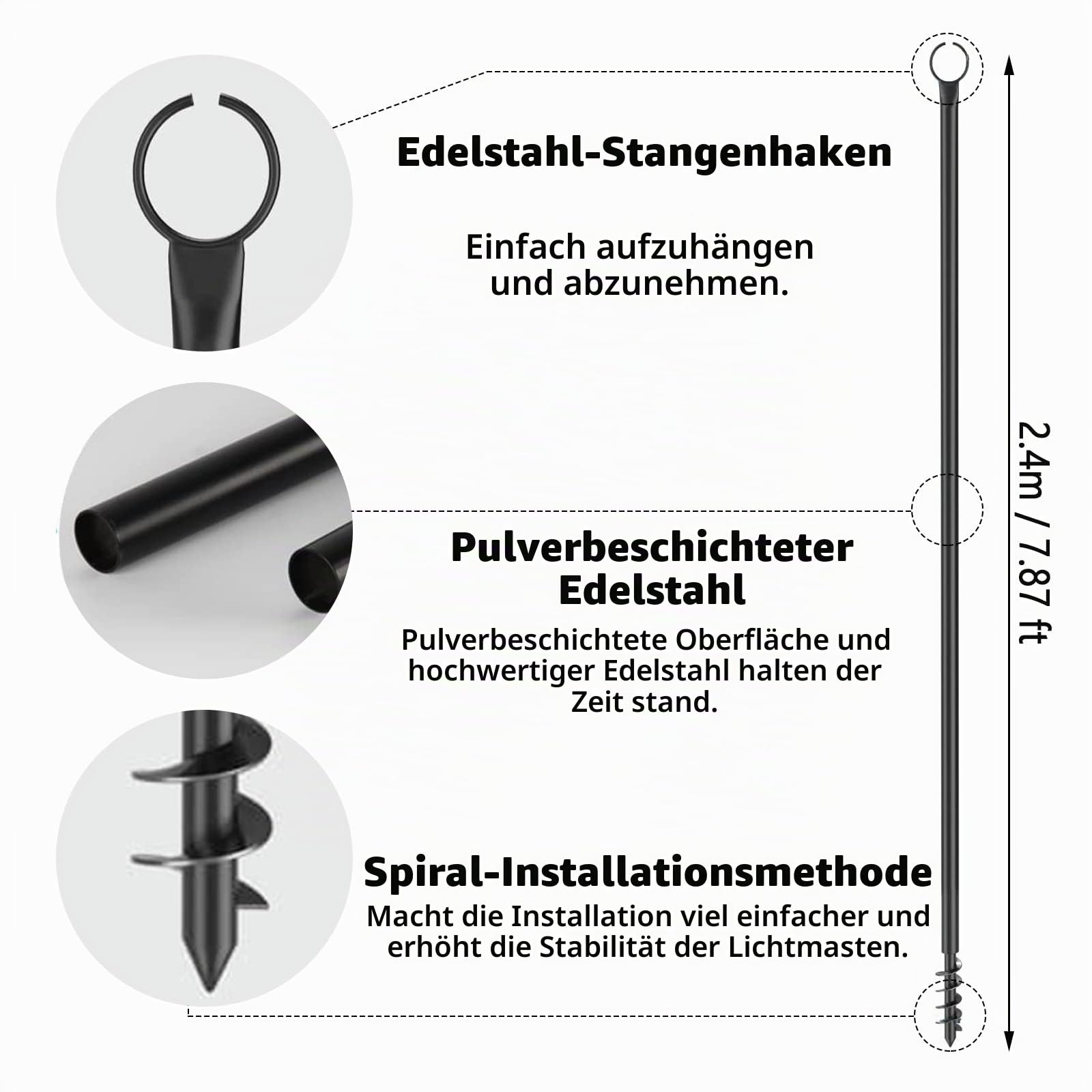 MENAYODA 2 Stück Lichterkettenstangen für den Außenbereich, 2.4m Stangen für Außenlichterkette, Metallstangen mit Haken für Terrassen-Lichtstangen, Gartenparty, Hinterhof, Partys