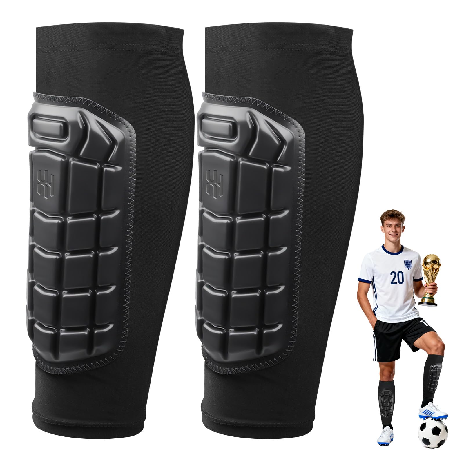 Alaoo Shin Guards Pads, 1 Pair Lightweight Long Honeycomb Anti-collision Leg Guards, Breathable Soccer Shin Guard Sleeves for Kids Adults, Black L