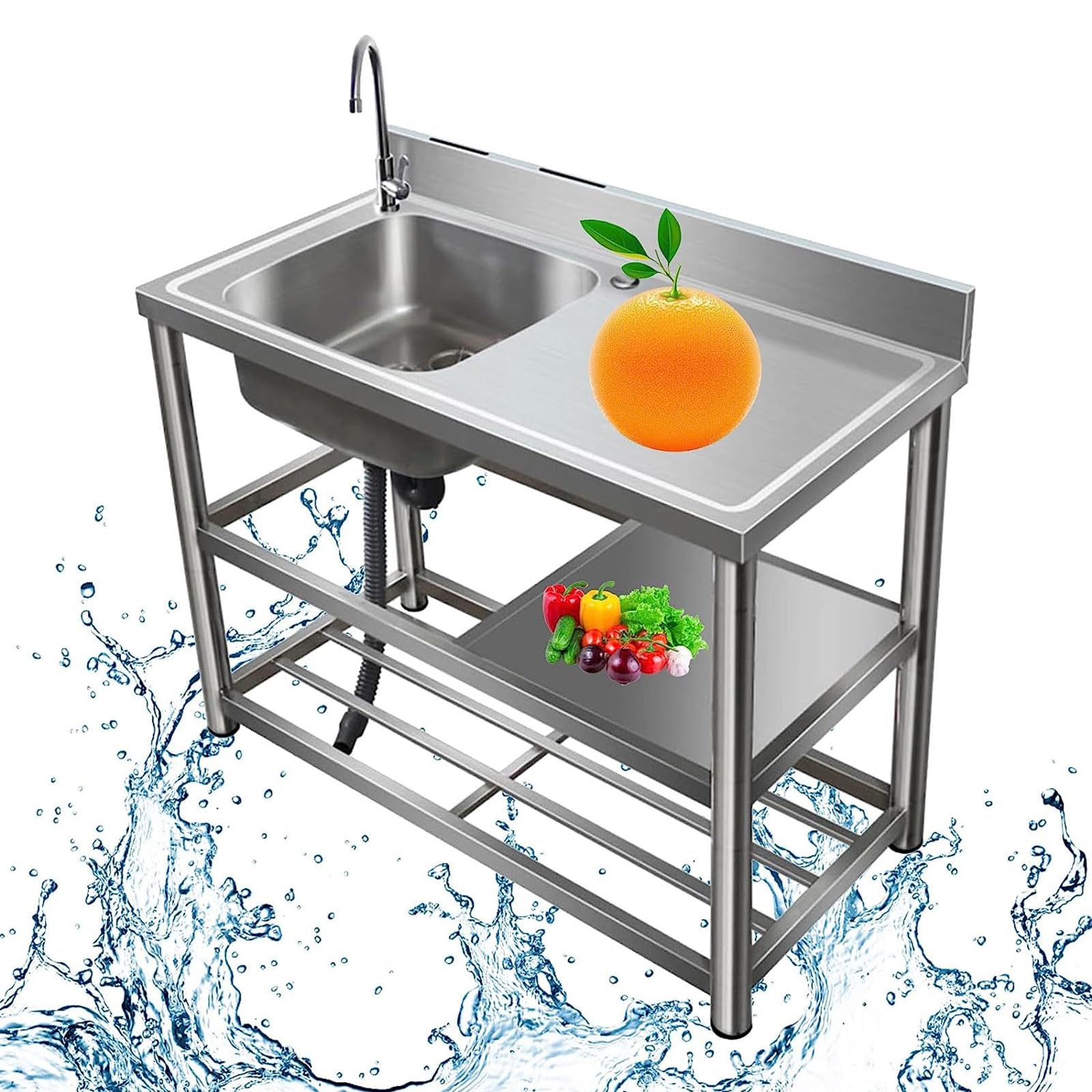 SDdPulse Fregadero utilitario de acero inoxidable con escurridor y grifo, grado comercial, estación de cuenco individual para bar, restaurante, cocina, hotel y hogar, fregadero de 1 compartimento