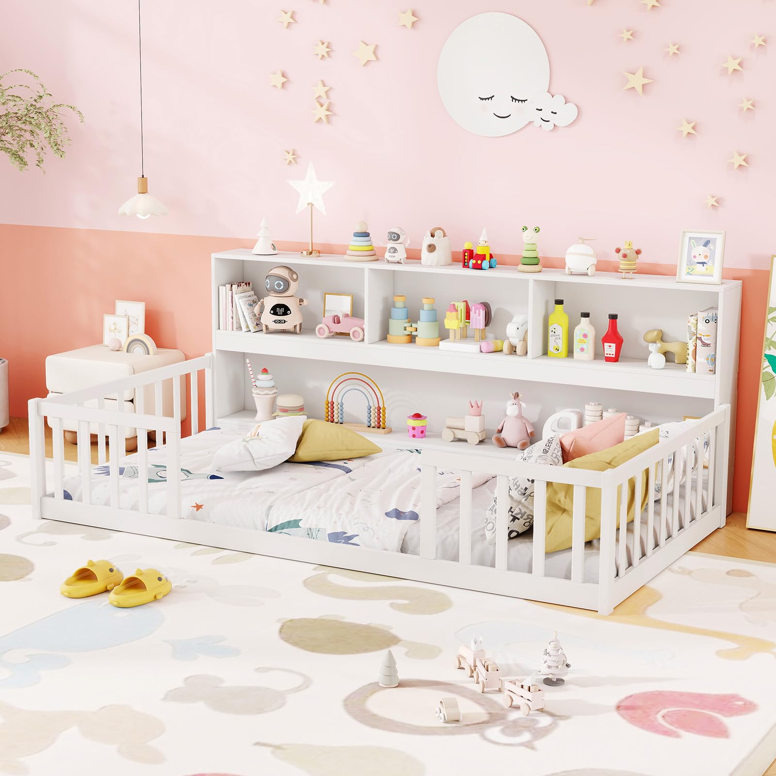 KOMFOTT Twin Floor Bed with Bookcase & Shelves, Wood Bed Frame with Bedside Bookshelves & Guardrails, Versatile 2-in-1 Montessori Floor Bed for Kids (White)