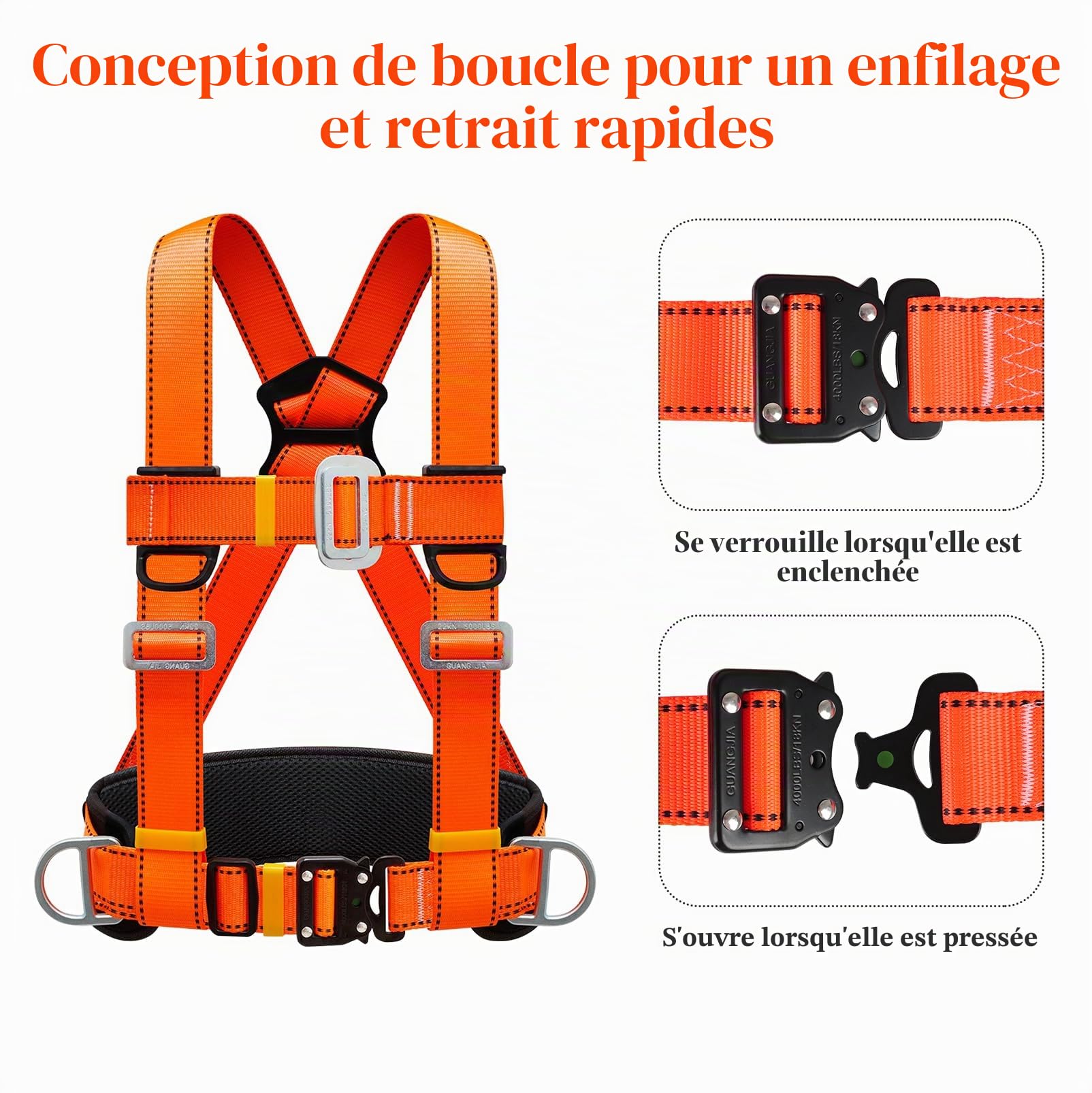 Harnais de Sécurité avec Longe, Harnais Anti Chute, Baudrier Escalade, avec Support Ventral Epaissi, Portante 100 kg, pour le Travail Aérien, les Hommes (Grande Boucle 1,6 m)