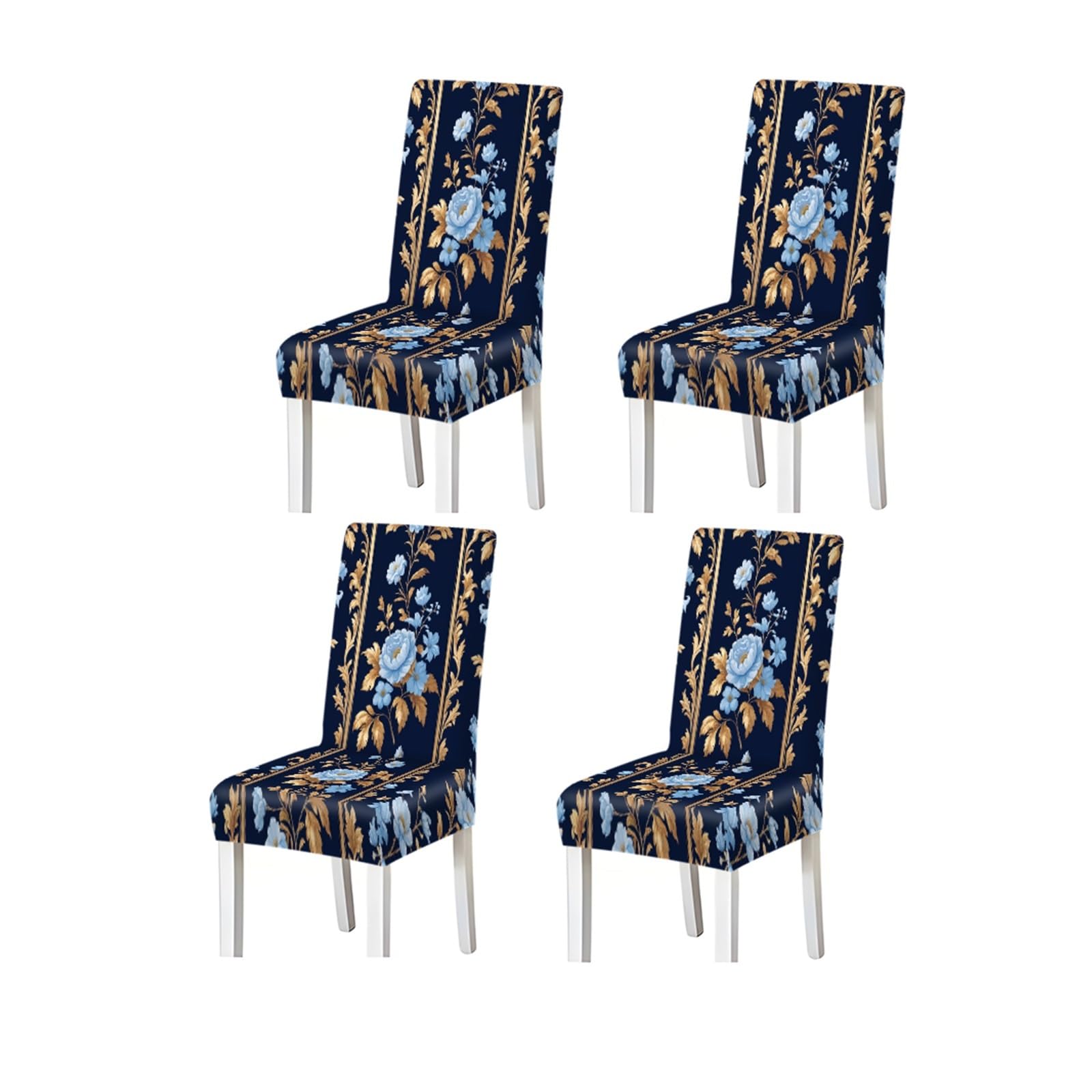 BOSUYBN Blue Peony Gold Baroque Print Stretch Dining Chair Covers For Kitchen Dining Living Room Luxurious, 2/4/6PCS Furniture Protectors for Home Dining Room(4PCSChair cover)
