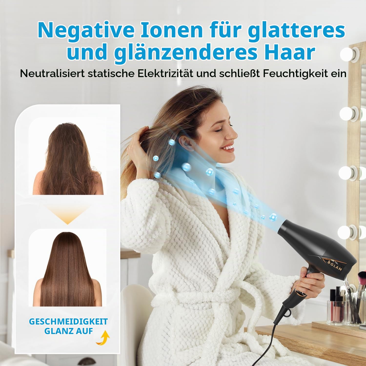 GLAM Profi Haartrockner, Föhn 2300W Leistungsstarker AC Motor Schnell trocknend Ionen Haartrockner mit 2 Geschwindigkeiten 3 Heiz, Cool Shot Taste mit 1 Diffusor & 1 Konzentrator für Multi-Frisuren
