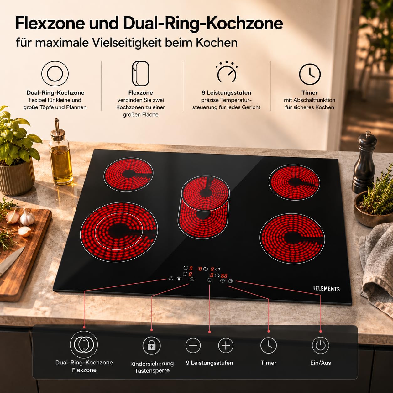 Glaskeramikkochfeld 77cm, Glaskeramikkochfeld 5 zonen,elektrokochfeld 5 platten, Warmhaltefunktion, Flexzone, Autark, Rahmenlos, Touch-Bedienung