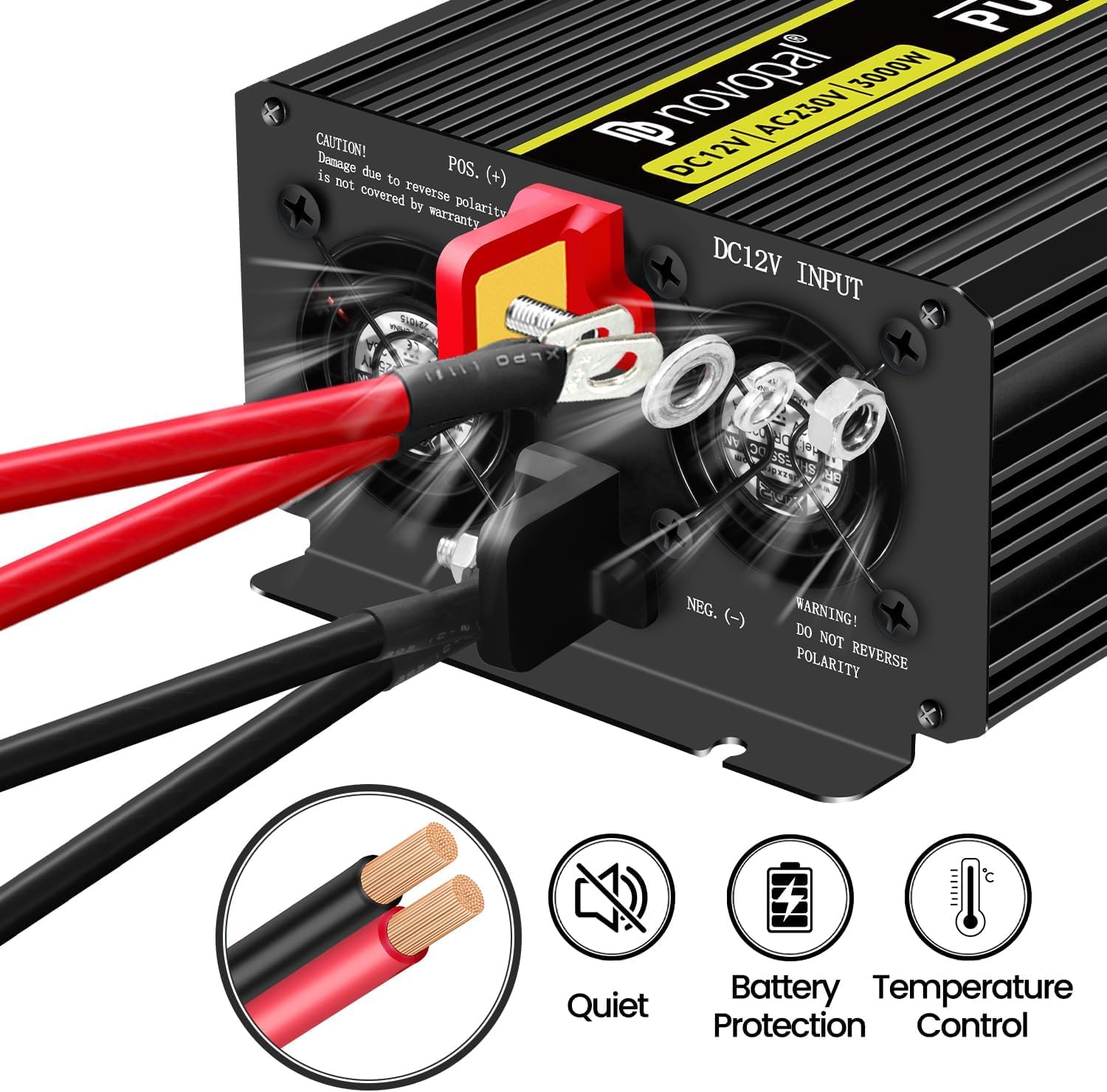 NOVOPAL 3000W/6000W Inversor 12V 220V Onda Pura Convertidor | 5M Mando a Distancia, 2.4A Puertos USB, 2EU AC para Camión, Coche, Caravana,Barco,Camping,Viajes