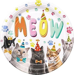 AnyDesign 30Pcs Meow Cat Theme Plate Cat Birthday Party Disposable Plates 7