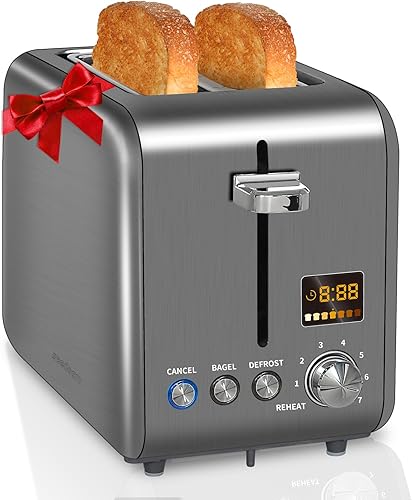 SEEDEEM Tostadora de 2 rebanadas, tostadora de pan de acero inoxidable, pantalla LCD, 7 ajustes de sombra, ranuras de 1.4 pulgadas de ancho,