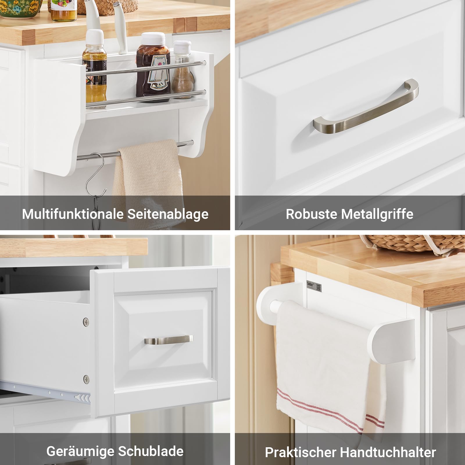 SoBuy Kücheninsel mit Rollen, mobiler Küchenwagen mit ausklappbarer Massivholz-Arbeitsplatte und 3 Schubladen, mobiler Küchenschrank für kleine Küchen und Familien, Weiß, 130x91x(46-71) cm FKW41-II-WN