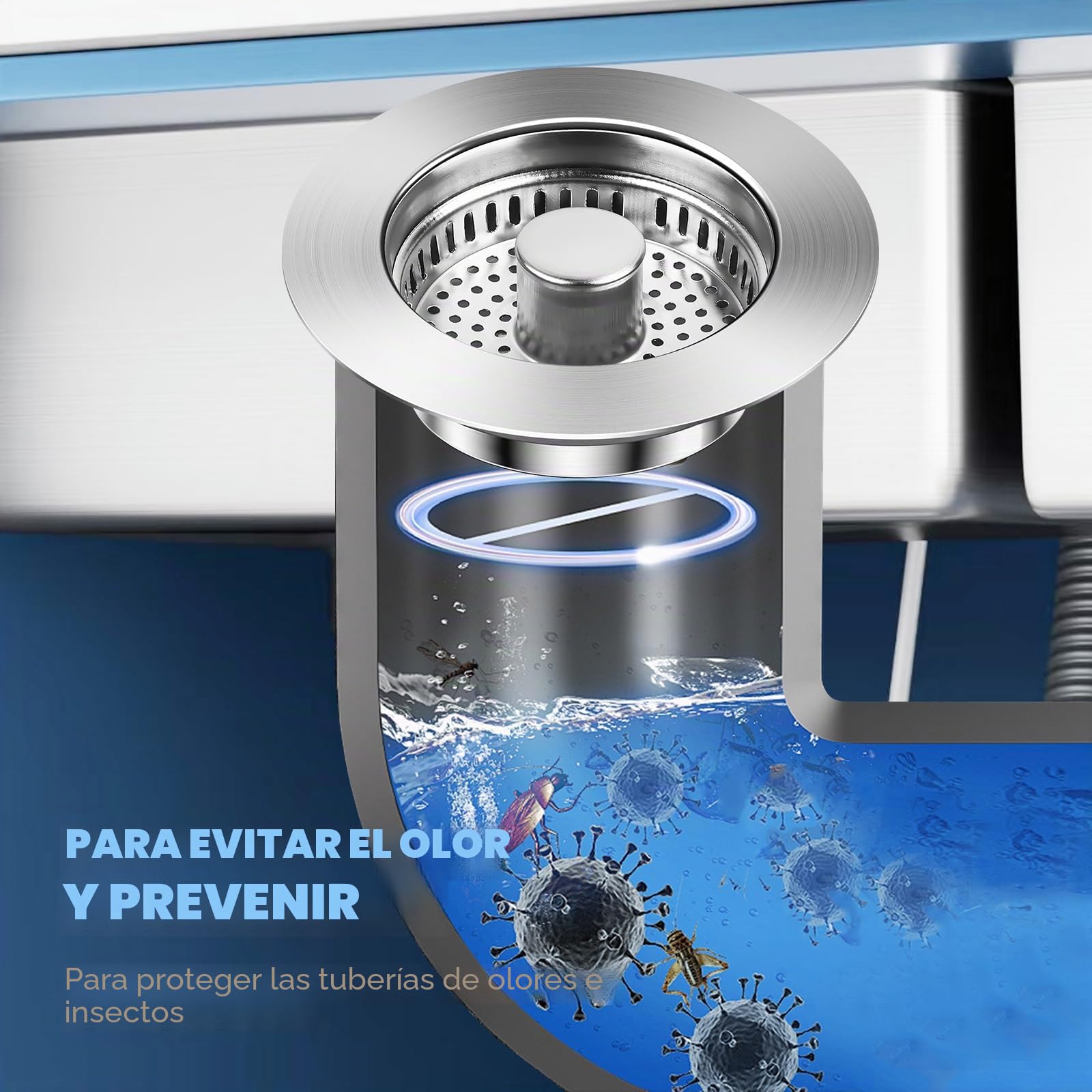 3 en 1 Tapon Fregadero Cocina de Acero Inoxidable, Tapón Fregadero Cesta Universal, Tapón Desague Fregaderos con Filtro, con Orificio de 75-86 mm