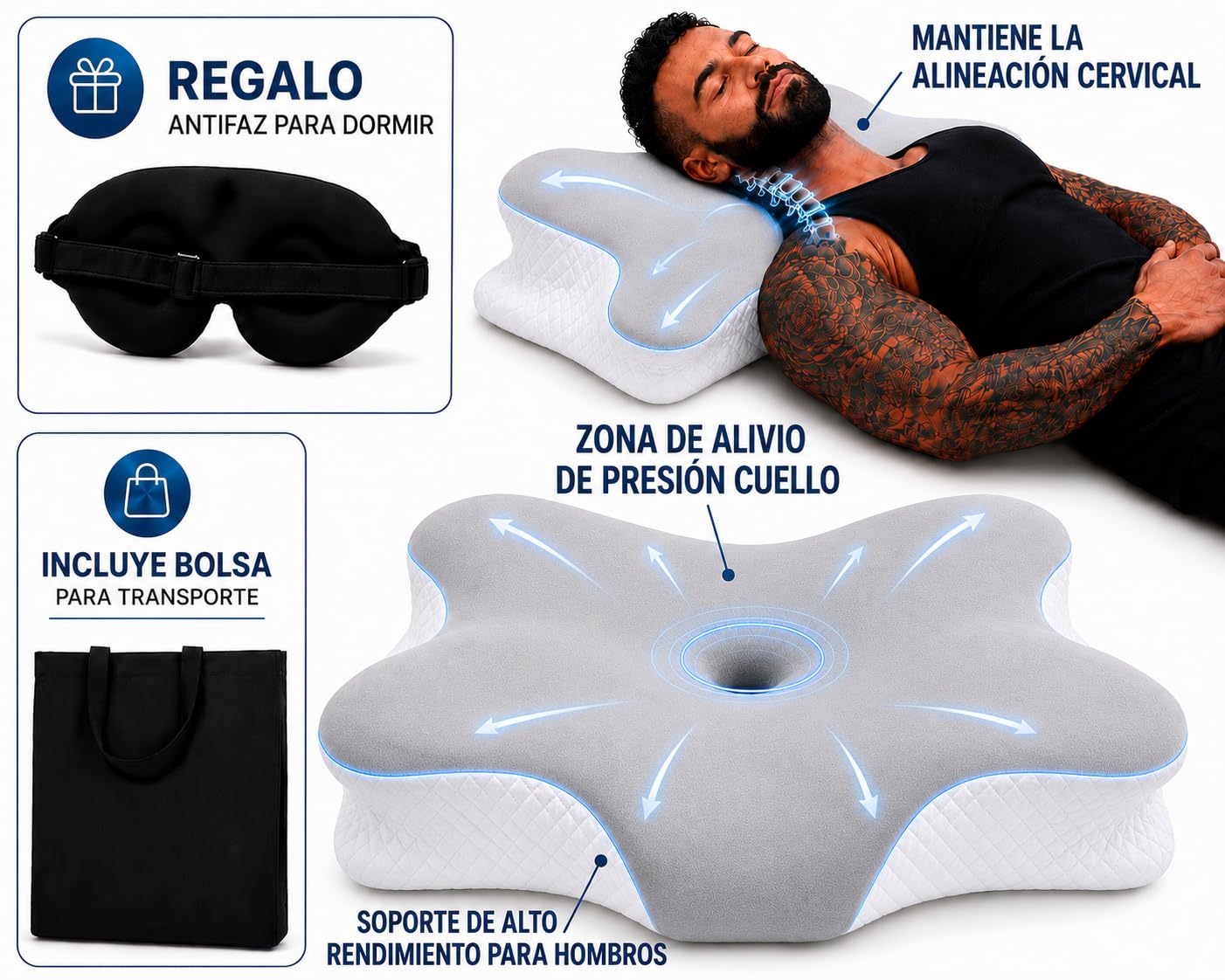 Almohada Japonesa para Dormir, Almohada Cervicales y Cuello Viscoelástica, Mariposa Memory Foam Ergonómica para Cuello y Nuca, con Bolsa y Antifaz