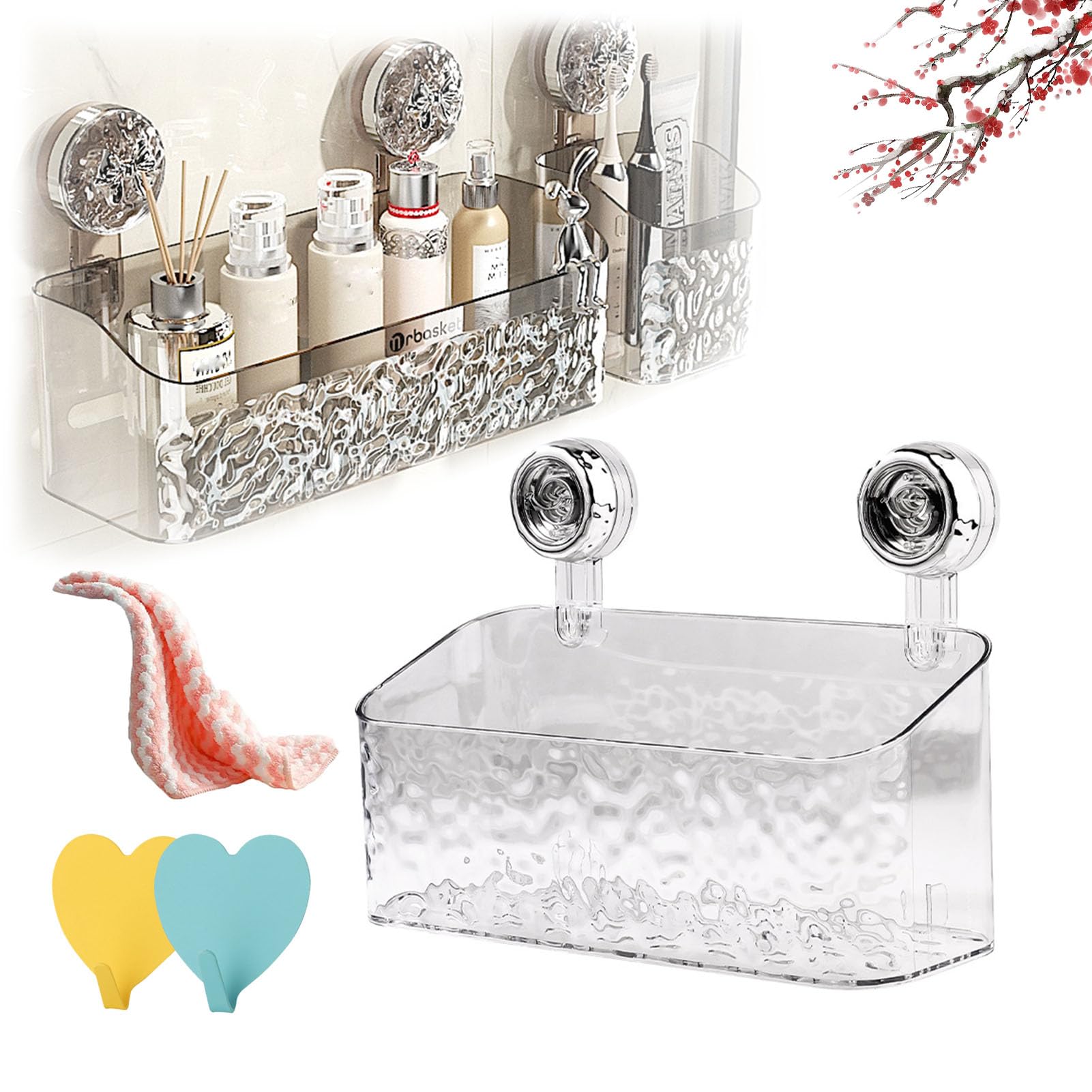 HOPASRISEE Light Luxury Style Glacier Pattern Suction Cup Shelf, Suction Cup Shower Caddy, Suction Cup Shower Shelves, No-Drilling Wall Mounted Removable Shower Basket For Kitchen Bathroom (white-L)