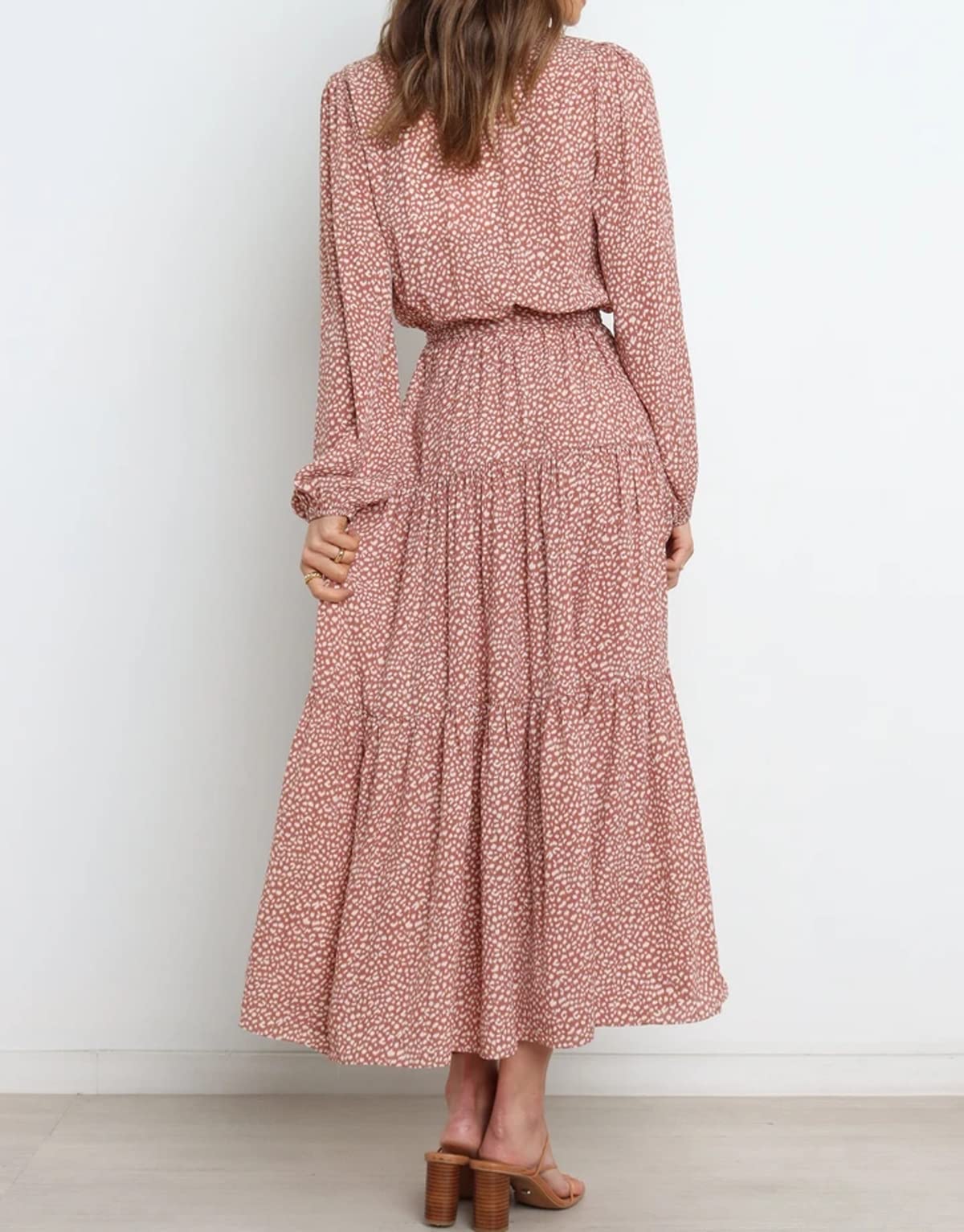 R.Vivimos Women's Fall Long Sleeve Casual Dresses Wrap V Neck Polka Dots Tiered Ruffle Flowy Midi Dress with Belt