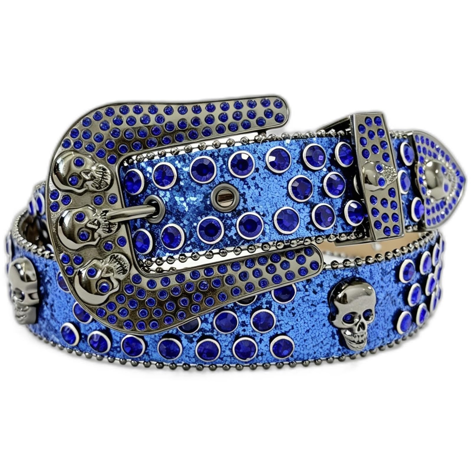 AGUTALITHIC Rhinestones Studded Belt Sparkly Sequin Shine Engraved Skull Head Western Leather Strap with Crystal Prong Buckle(130cm/51, Blue)