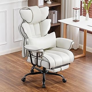 Gaming Stuhl Bürostuhl Ergonomisch, PU Leder Chefsessel, Bürostuhl 200kg mit Fußstütze und Lendenwirbelstütze, Home Office Stuhl Verstellbarer Stuhl mit hoher Rückenlehne, Drehstuhl (Weiß)