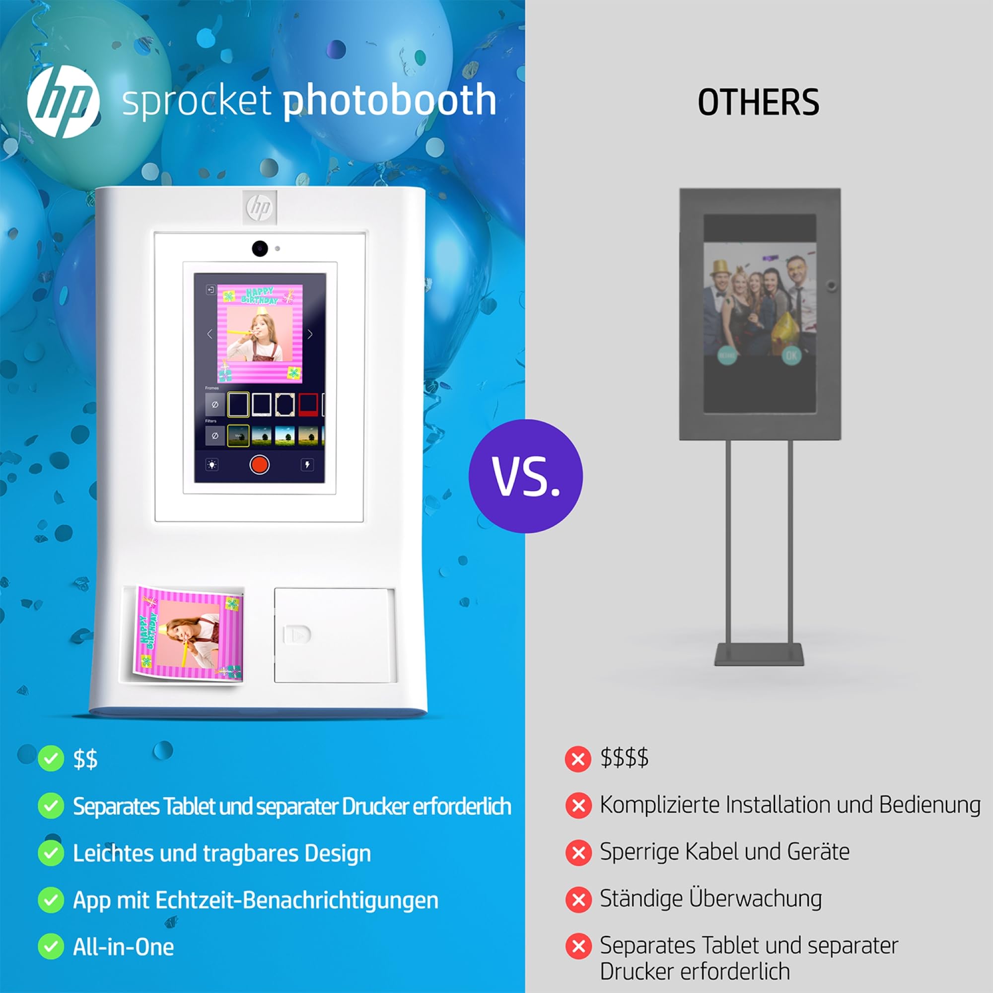 HP Sprocket Photo Booth Sofortbild-Farbfotodrucker, 10,1" (25,6 cm) Touchscreen, Ringlicht, individuelle Rahmen, 3 x 4 (7,6 x 10,1 cm) Zink-Fotopapier, Weiß.