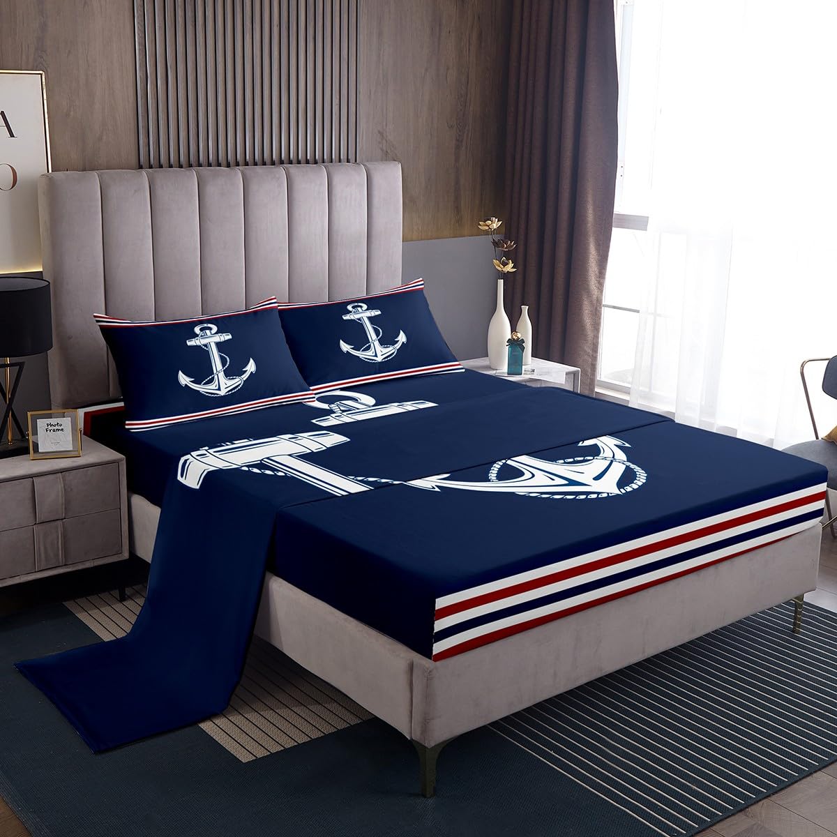 Loussiesd - Set di biancheria da letto con motivo a ancora, motivo nautico, per bambini, adulti, tema oceano, con copripiumino e federa per letto singolo, colore: blu