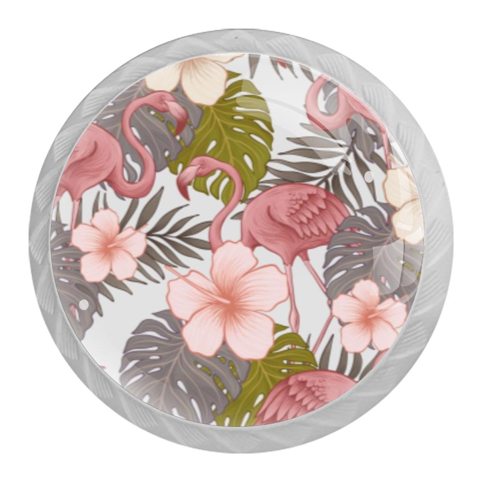 Tqmspg 4 Pieces Drawer Pulls Tropical Flowers Palm Leaves Flamingo Birds Door Knobs Dresser Handles for Kitchen Wardrobe Cupboard Hardware Furniture