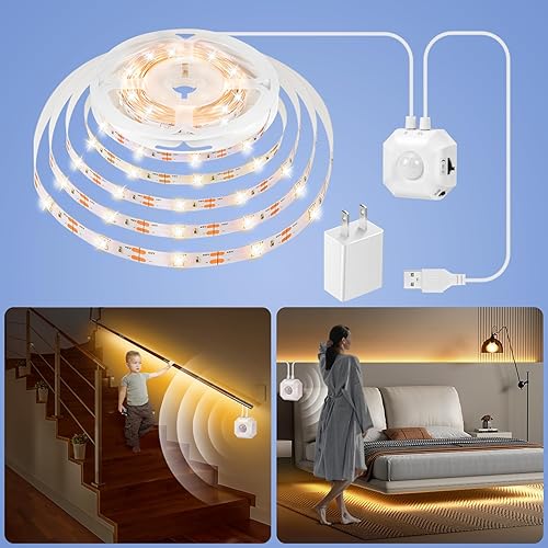 Miniatura 1 de HOUHUI Luz con sensor de movimiento para interiores debajo de la cama, tira de luces LED activadas por movimiento regulable de 16.4 pies para