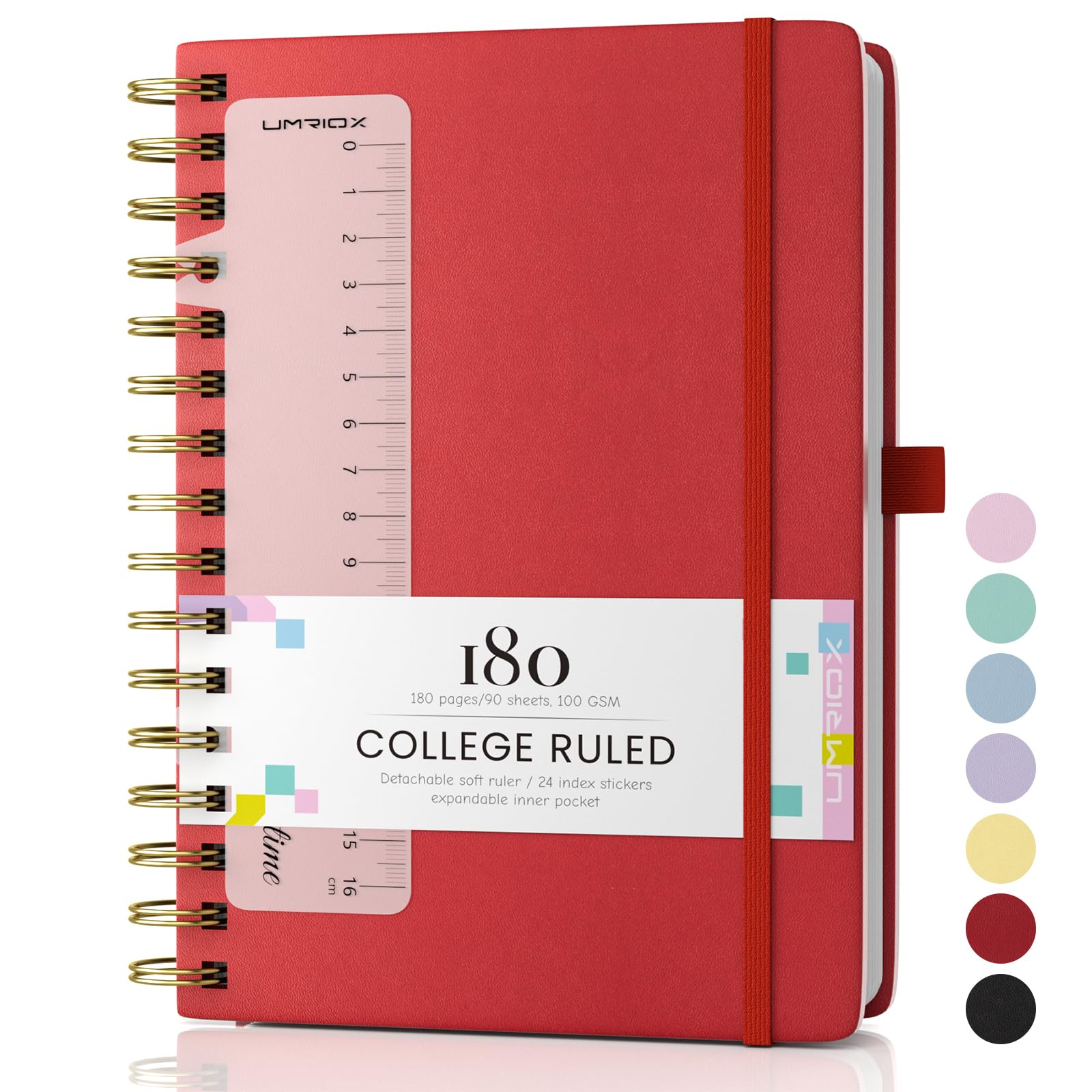 Umriox Wirebound Spiral Notebooks 180Pages /90 Sheets,100gsm No Bleed Paper, PU Hardcover Journals for Women Men Work Office School,14.5 x 21cm-Red